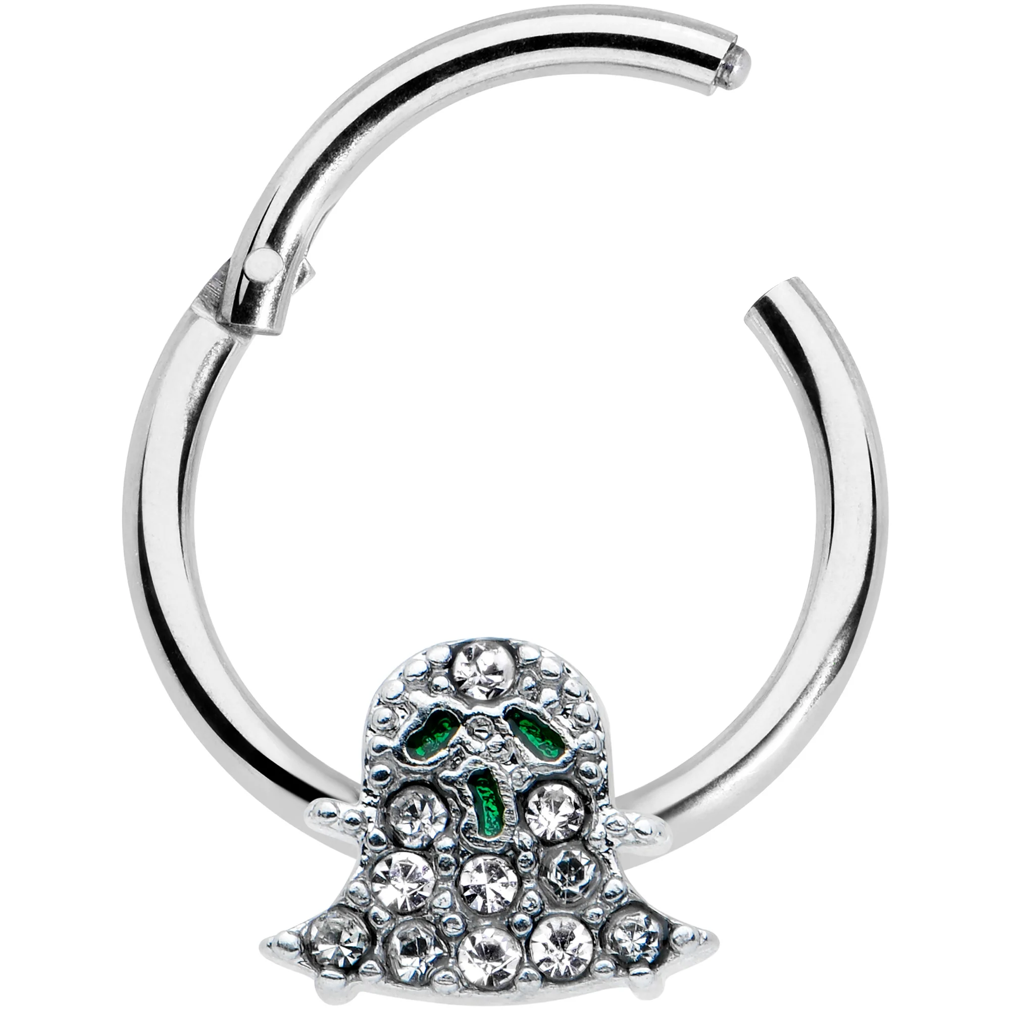 16G 3/8 Clear Gem Green Eye Halloween Ghost Hinged Segment Ring - Image 2