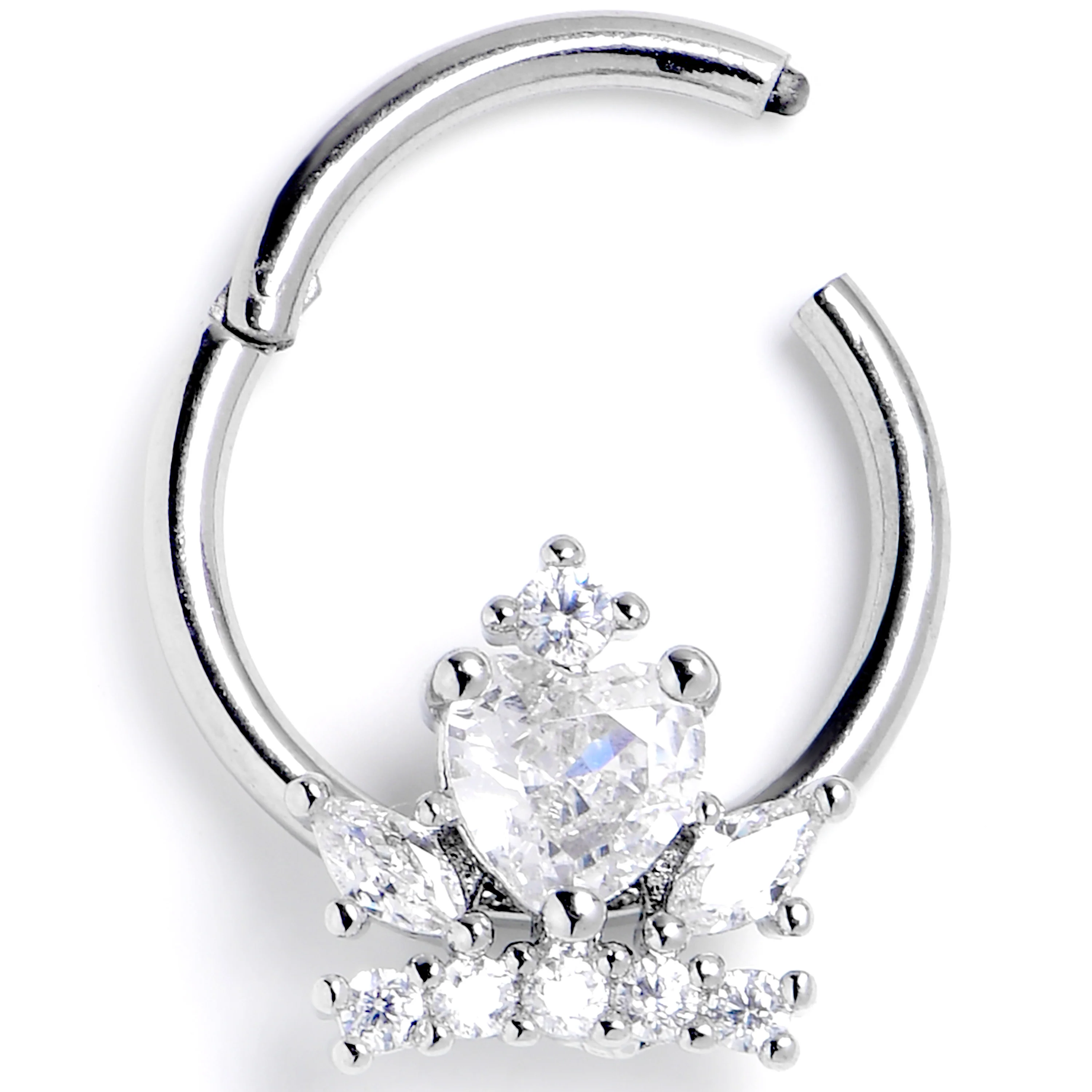 16G 3/8 Clear Gem Heart Crown Hinged Segment Ring