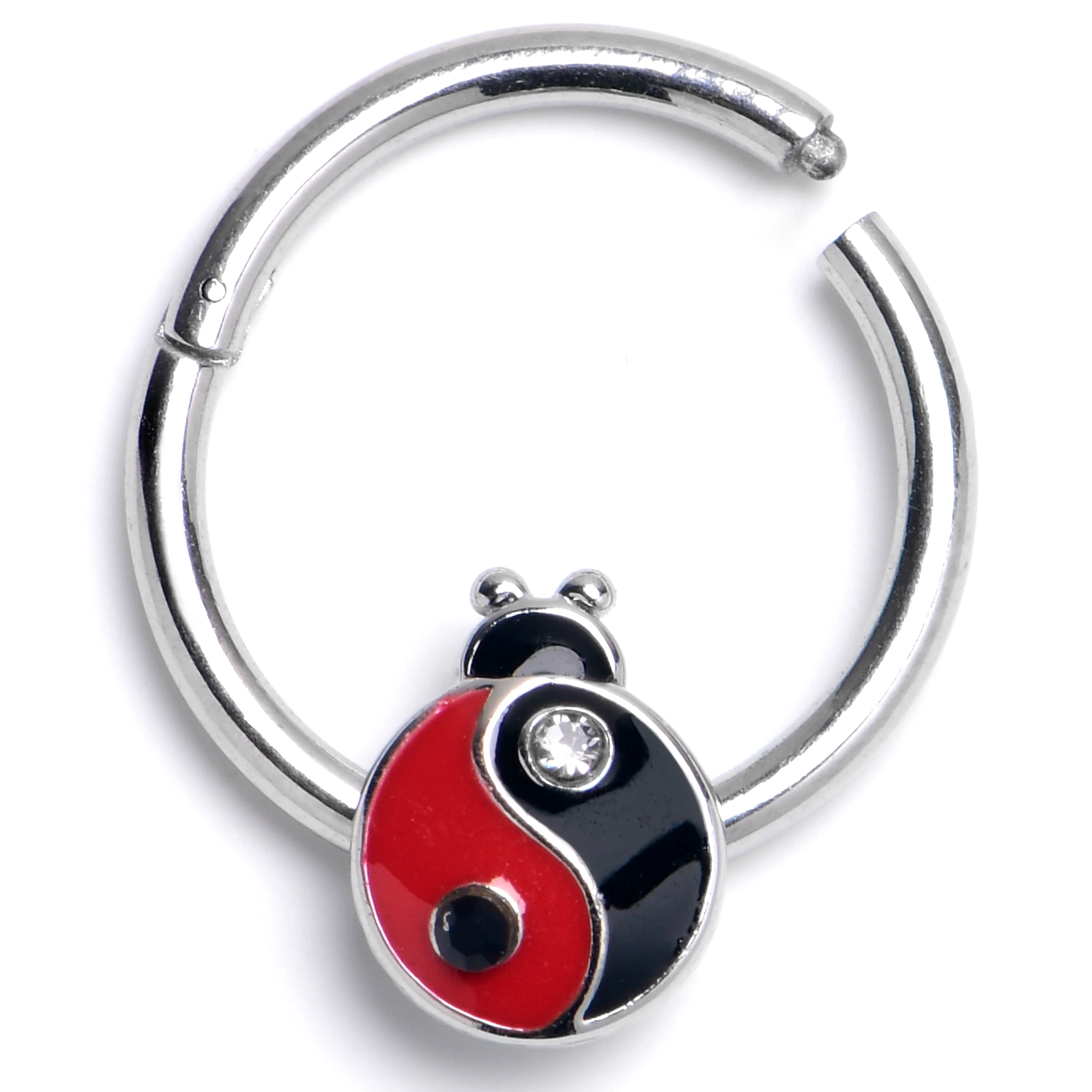 16G 3/8 Clear Gem Ladybug Yin Yang Hinged Segment Ring