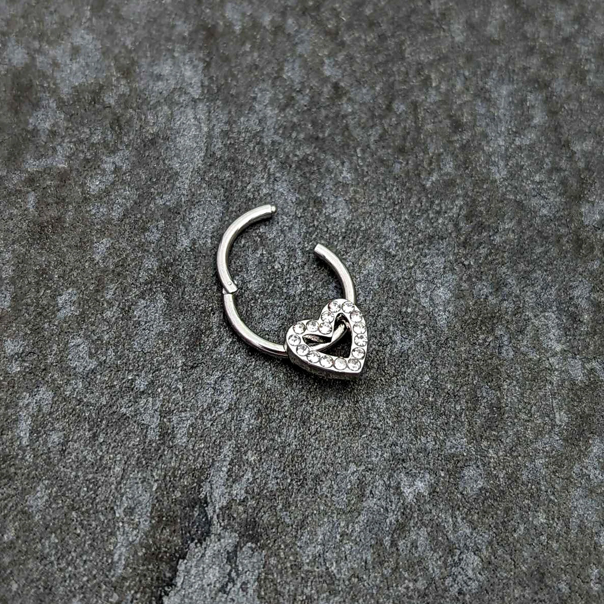 16G 3/8 Clear Gem Open Heart Valentine Hinged Segment Ring - Image 5