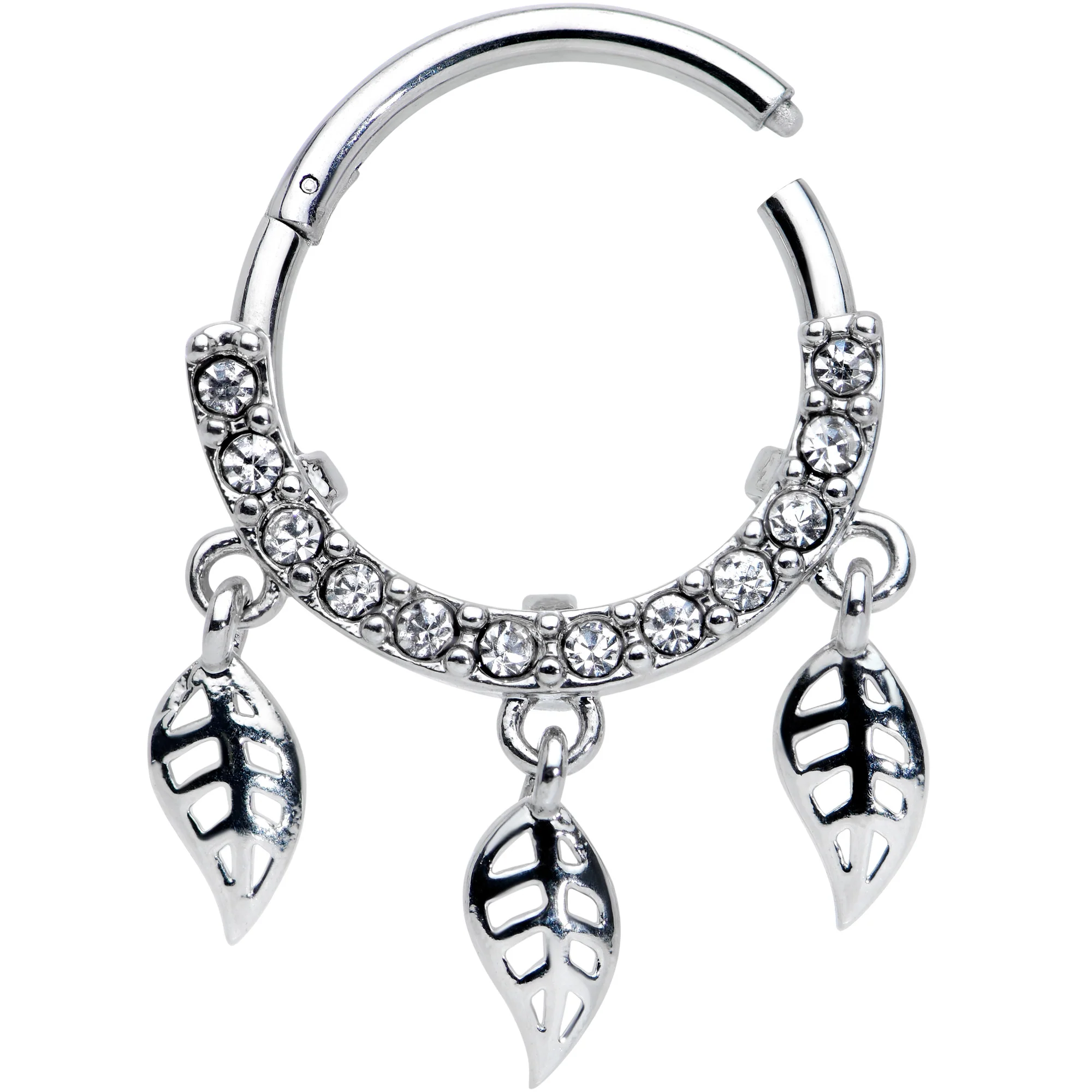16G 3/8 Clear Gem Open Leaf Dangle Hinged Segment Ring - Image 2