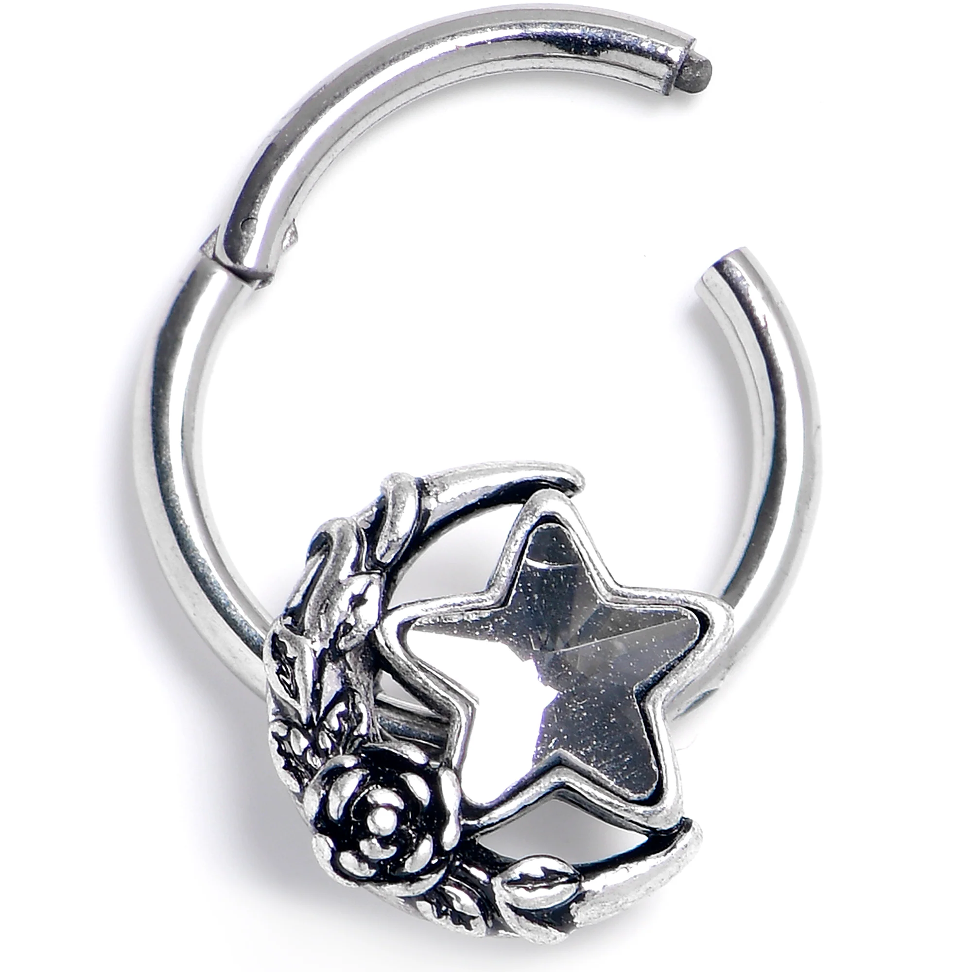 16G 3/8 Clear Gem Ornate Moon Star Hinged Segment Ring