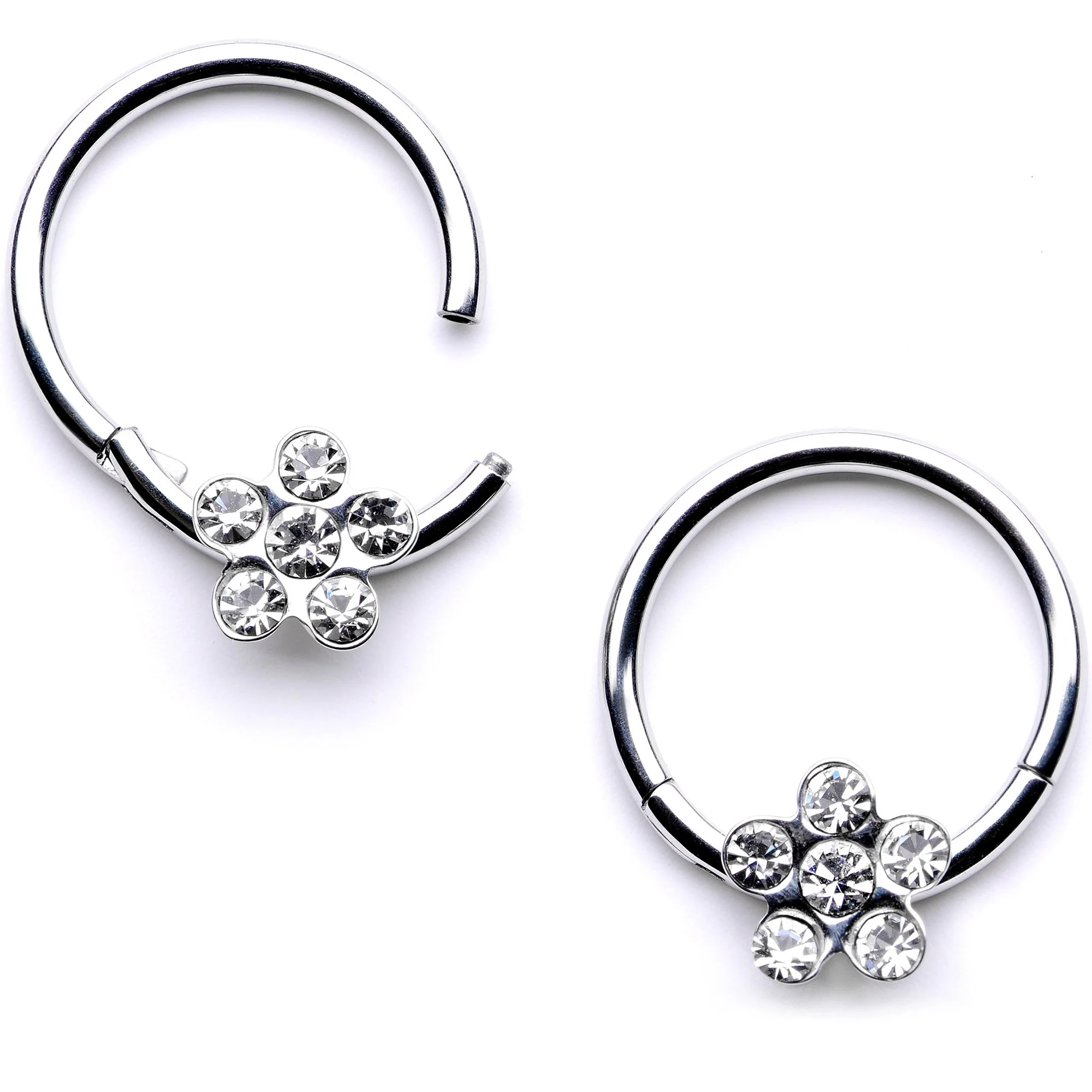 16G 3/8 Clear Gem Petal Flower Hinged Segment Ring Set