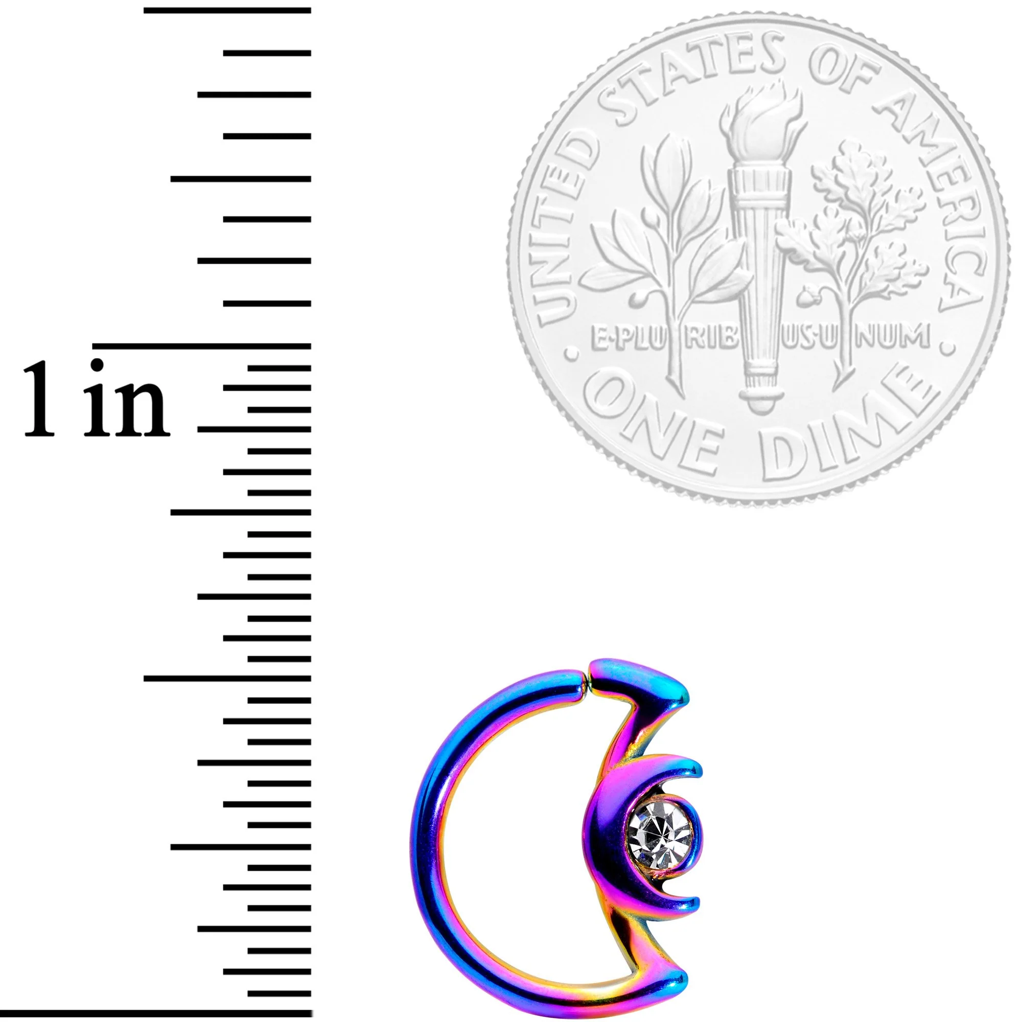 16G 3/8 Clear Gem Rainbow Crescent Moon Closure Ring - Image 2