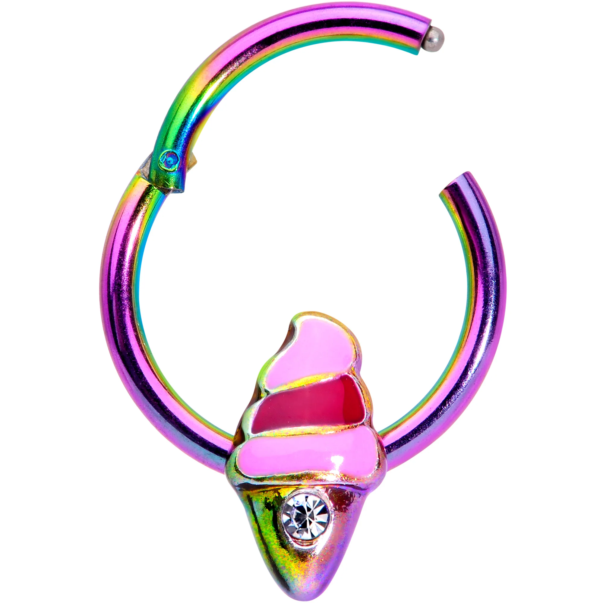 16G 3/8 Clear Gem Rainbow Ice Cream Cone Hinged Segment Ring - Image 2