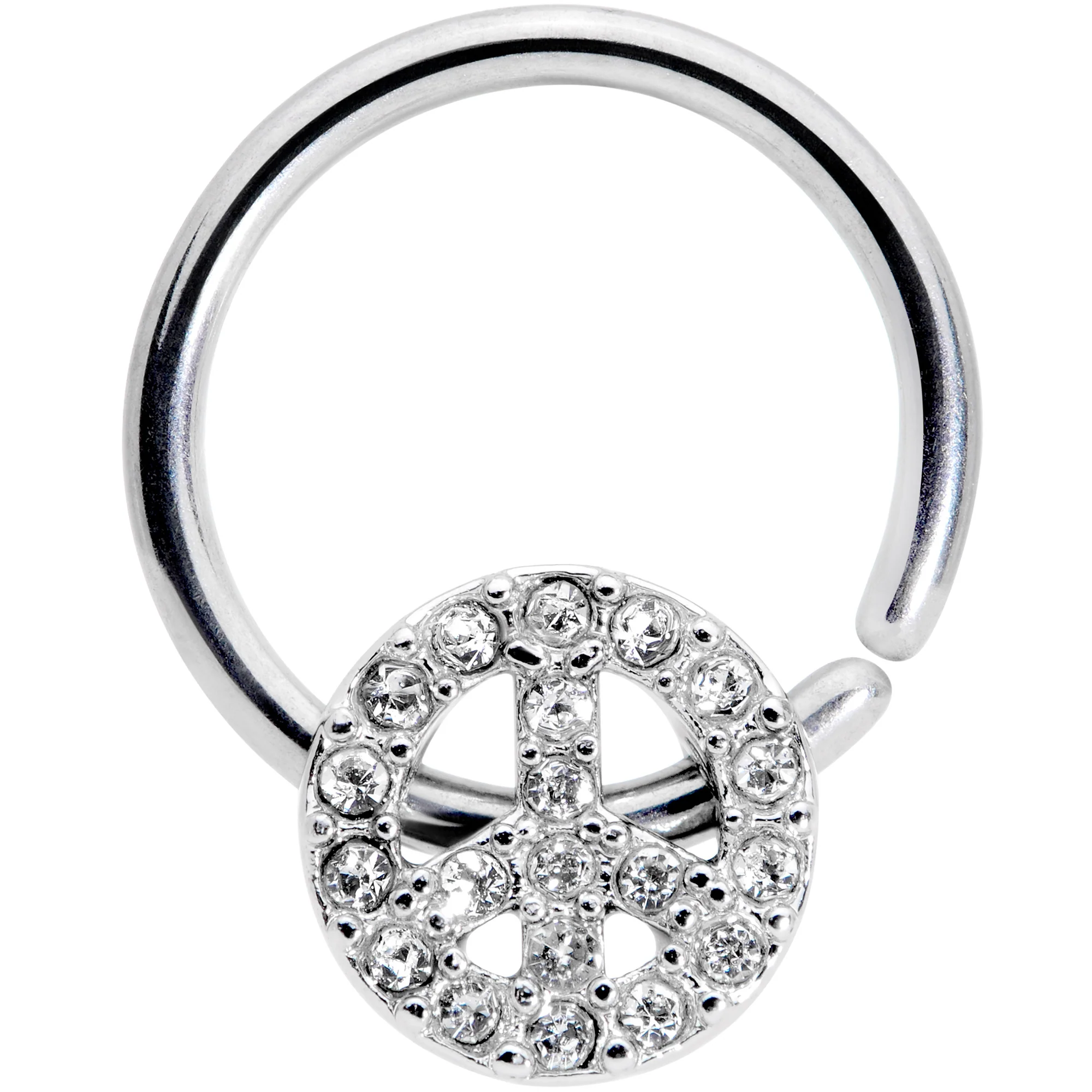 16G 3/8 Clear Gem Retro Peace Sign Closure Ring