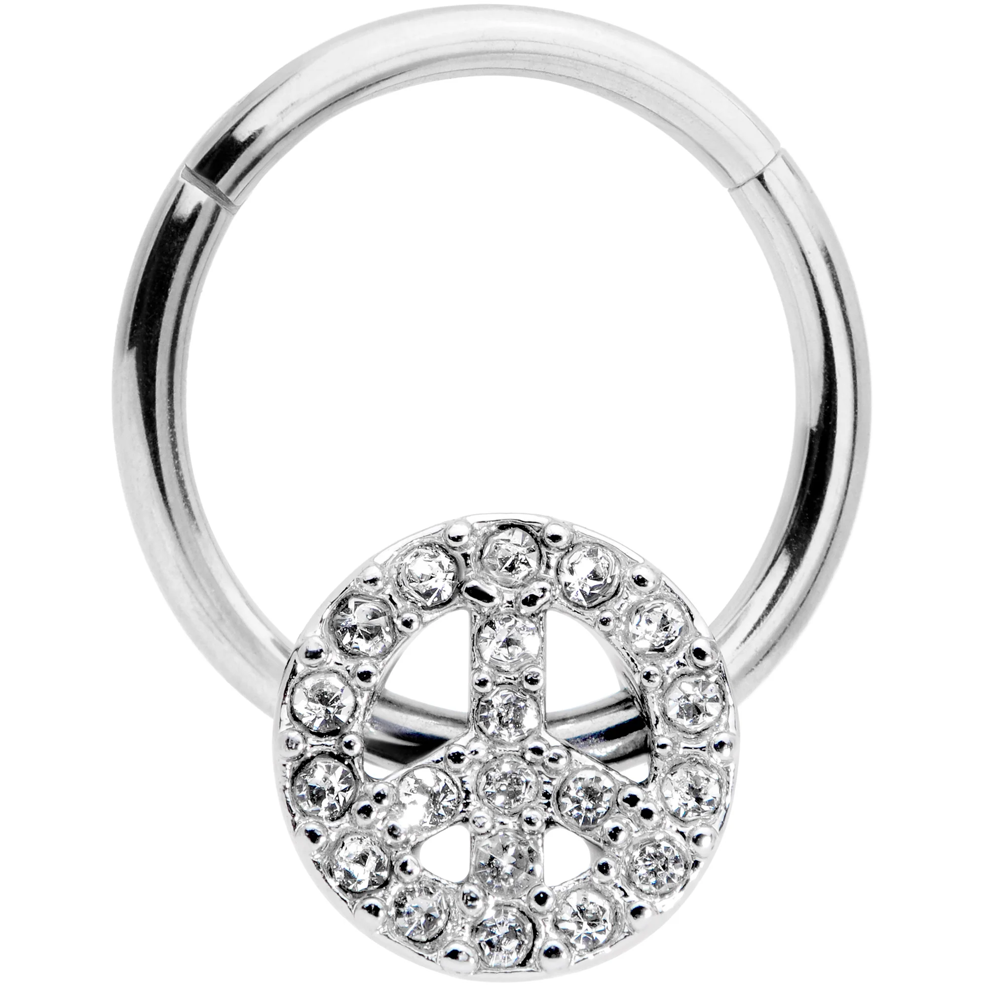 16G 3/8 Clear Gem Retro Peace Sign Hinged Segment Ring