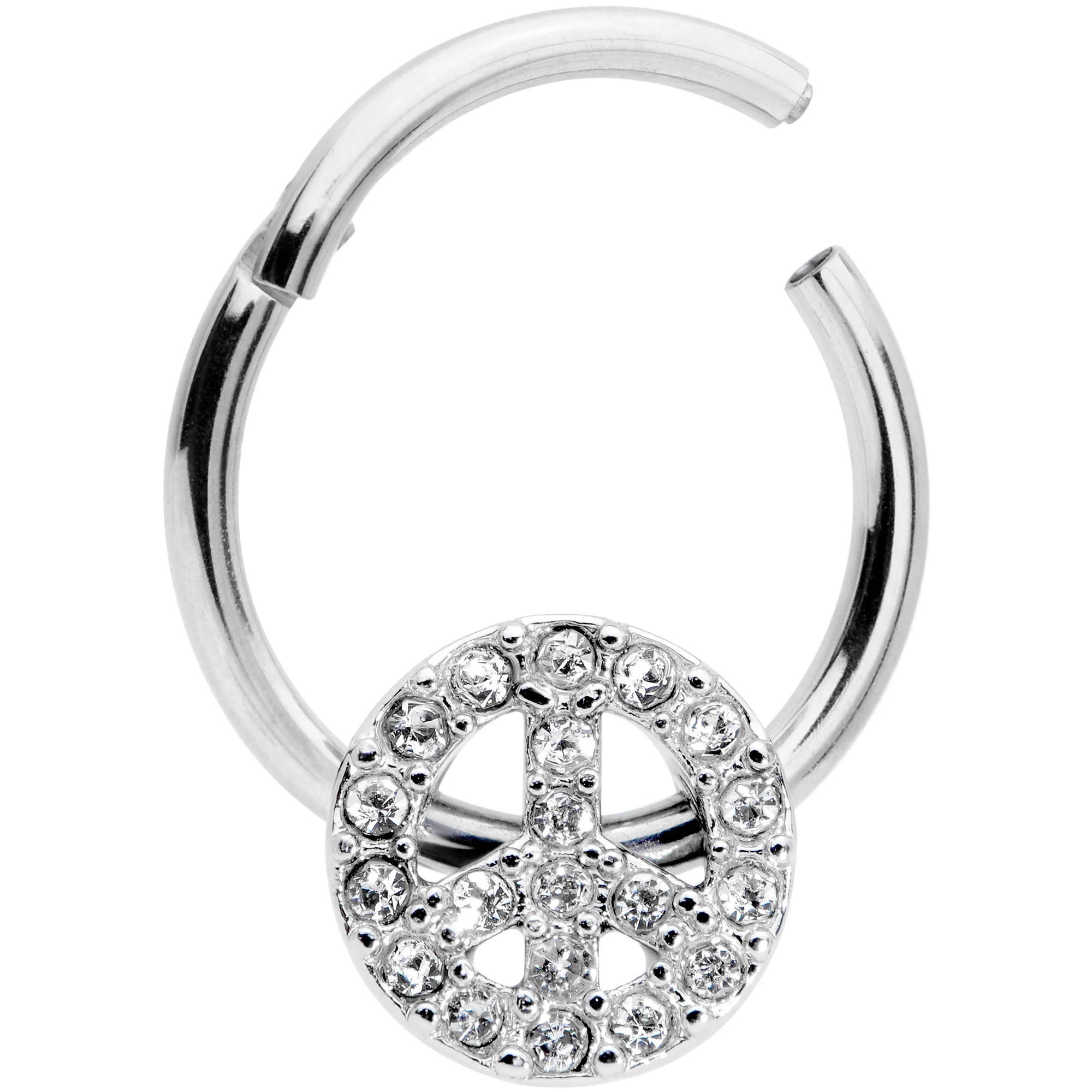 16G 3/8 Clear Gem Retro Peace Sign Hinged Segment Ring - Image 2