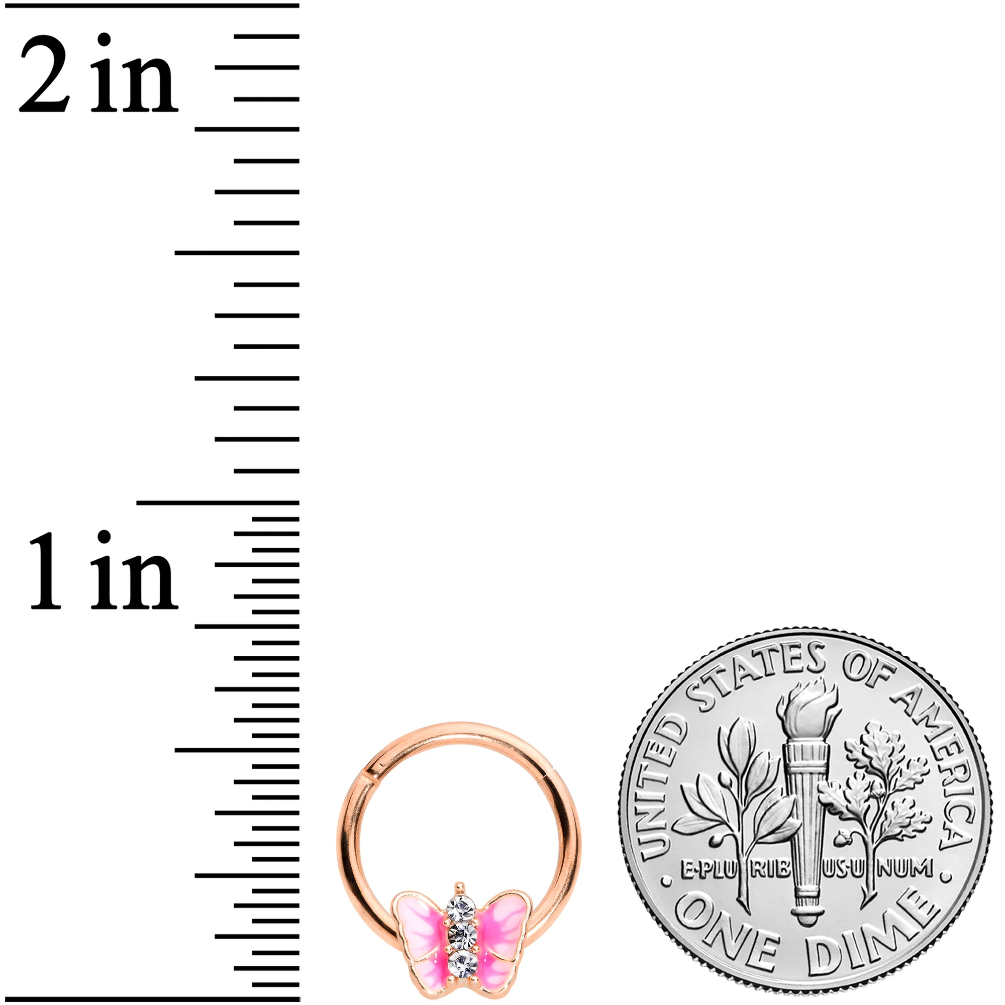 16G 3/8 Clear Gem Rose Gold Tone Pink Butterfly Septum Ring - Image 3