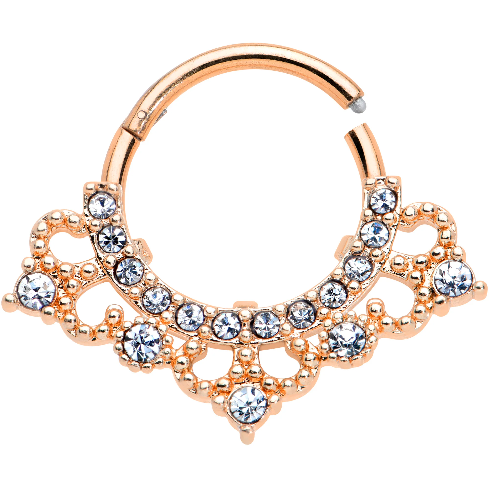 16G 3/8 Clear Gem Rose Gold Tone Tiny Tiara Hinged Segment Ring - Image 2