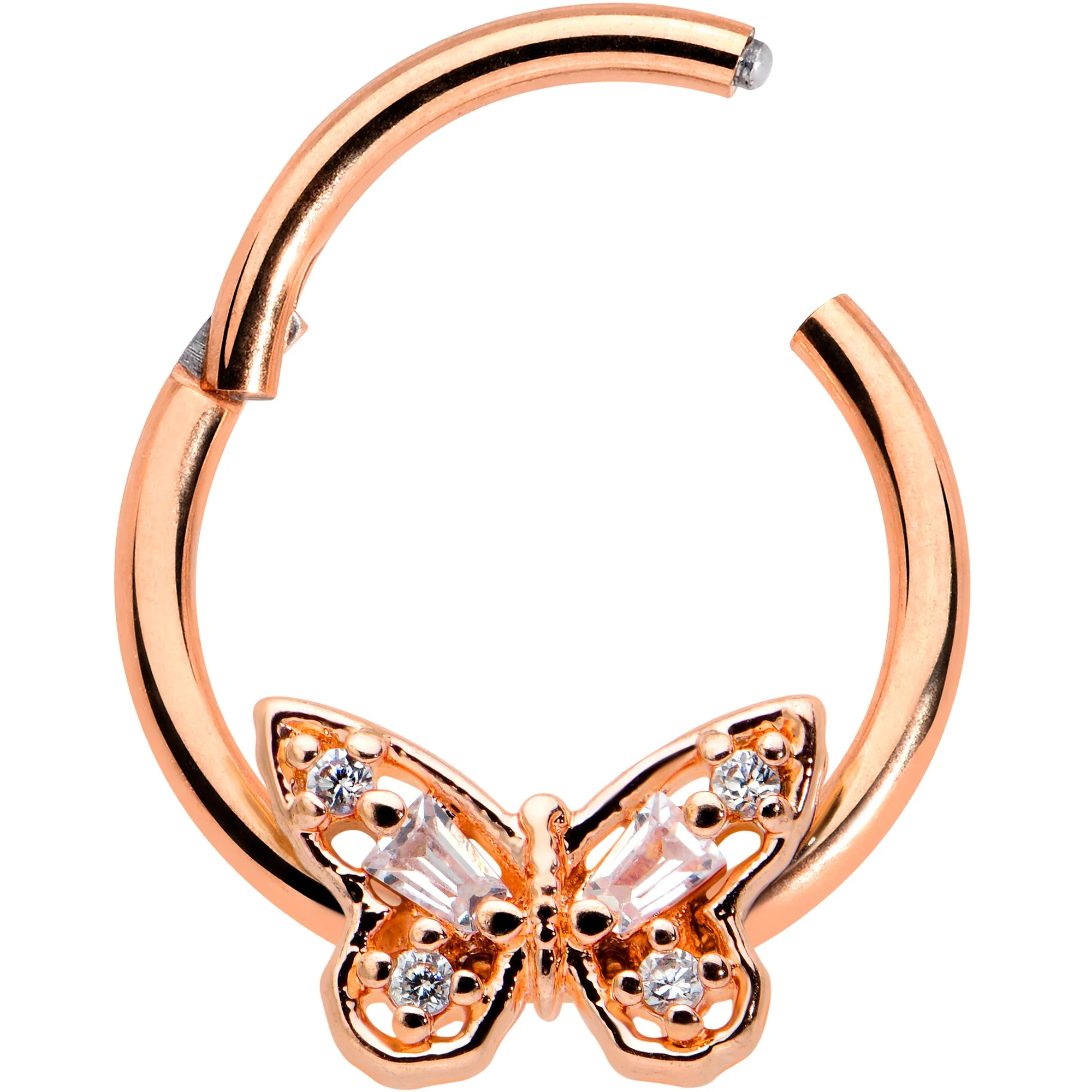 16G 3/8 Clear Gem Rosy Tone Baroque Butterfly Hinged Segment Ring - Image 2