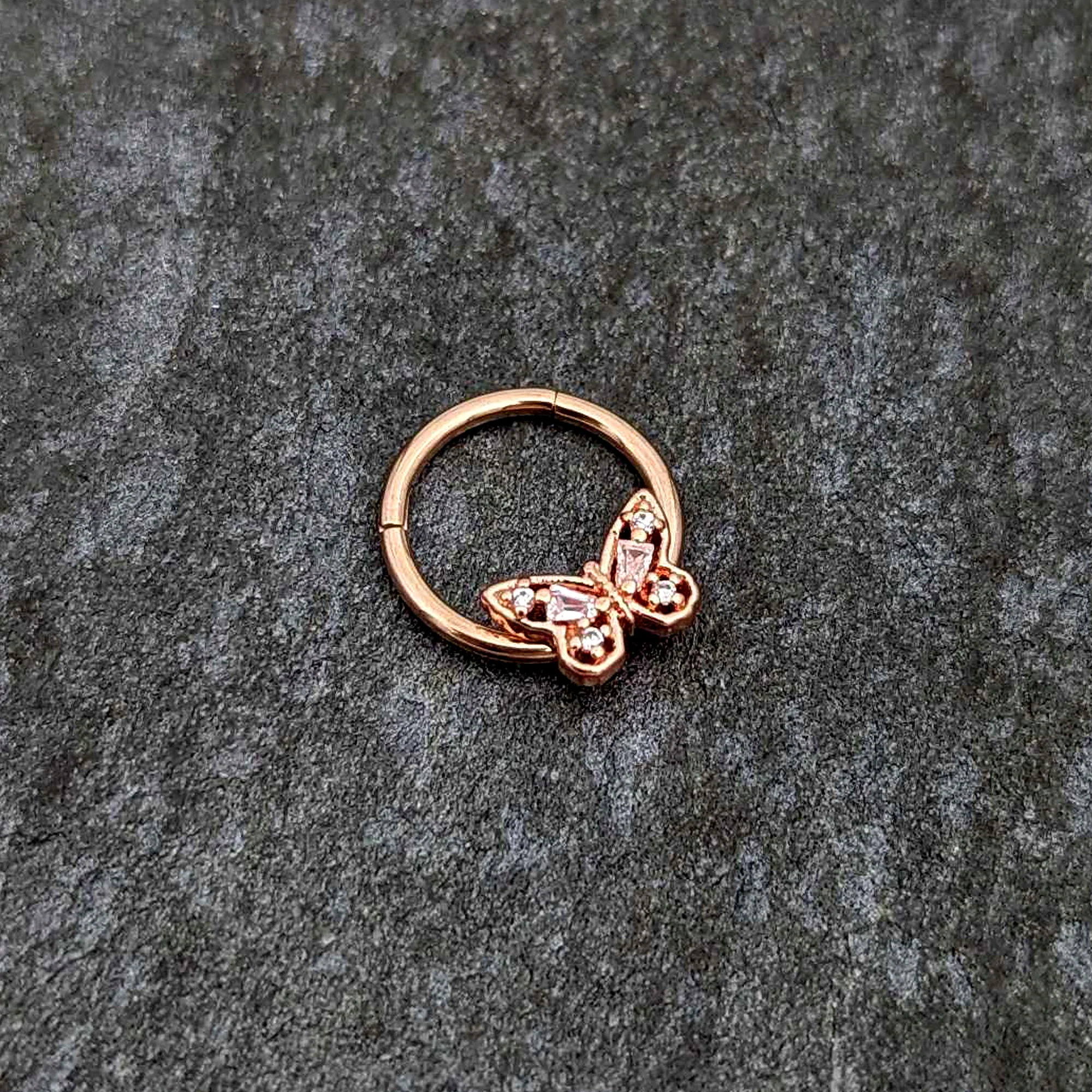 16G 3/8 Clear Gem Rosy Tone Baroque Butterfly Hinged Segment Ring - Image 4