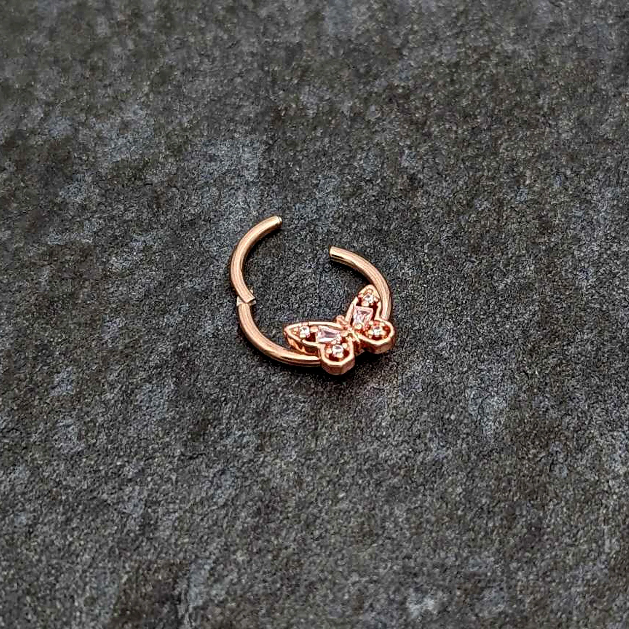 16G 3/8 Clear Gem Rosy Tone Baroque Butterfly Hinged Segment Ring - Image 5