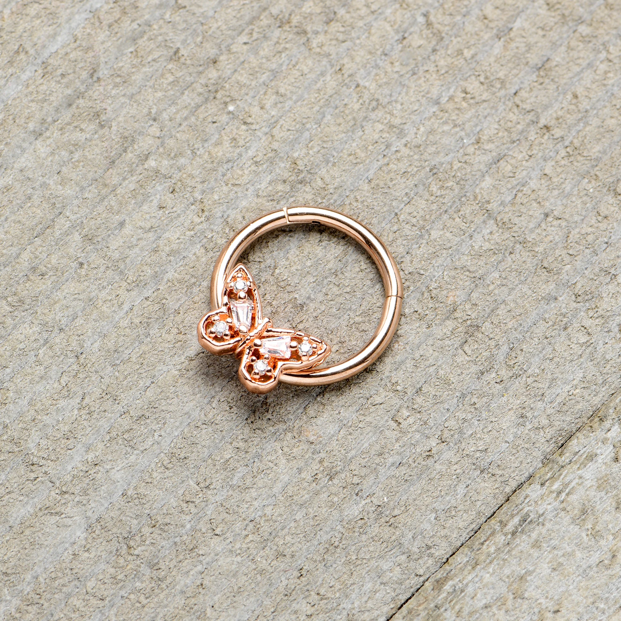 16G 3/8 Clear Gem Rosy Tone Baroque Butterfly Hinged Segment Ring - Image 6
