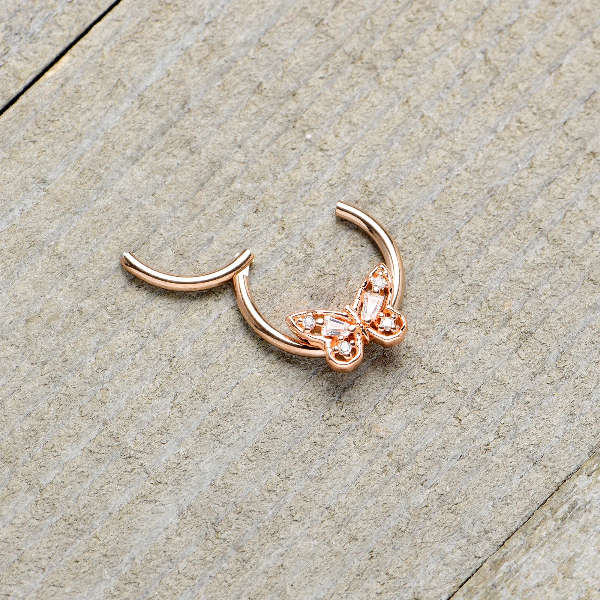 16G 3/8 Clear Gem Rosy Tone Baroque Butterfly Hinged Segment Ring - Image 7