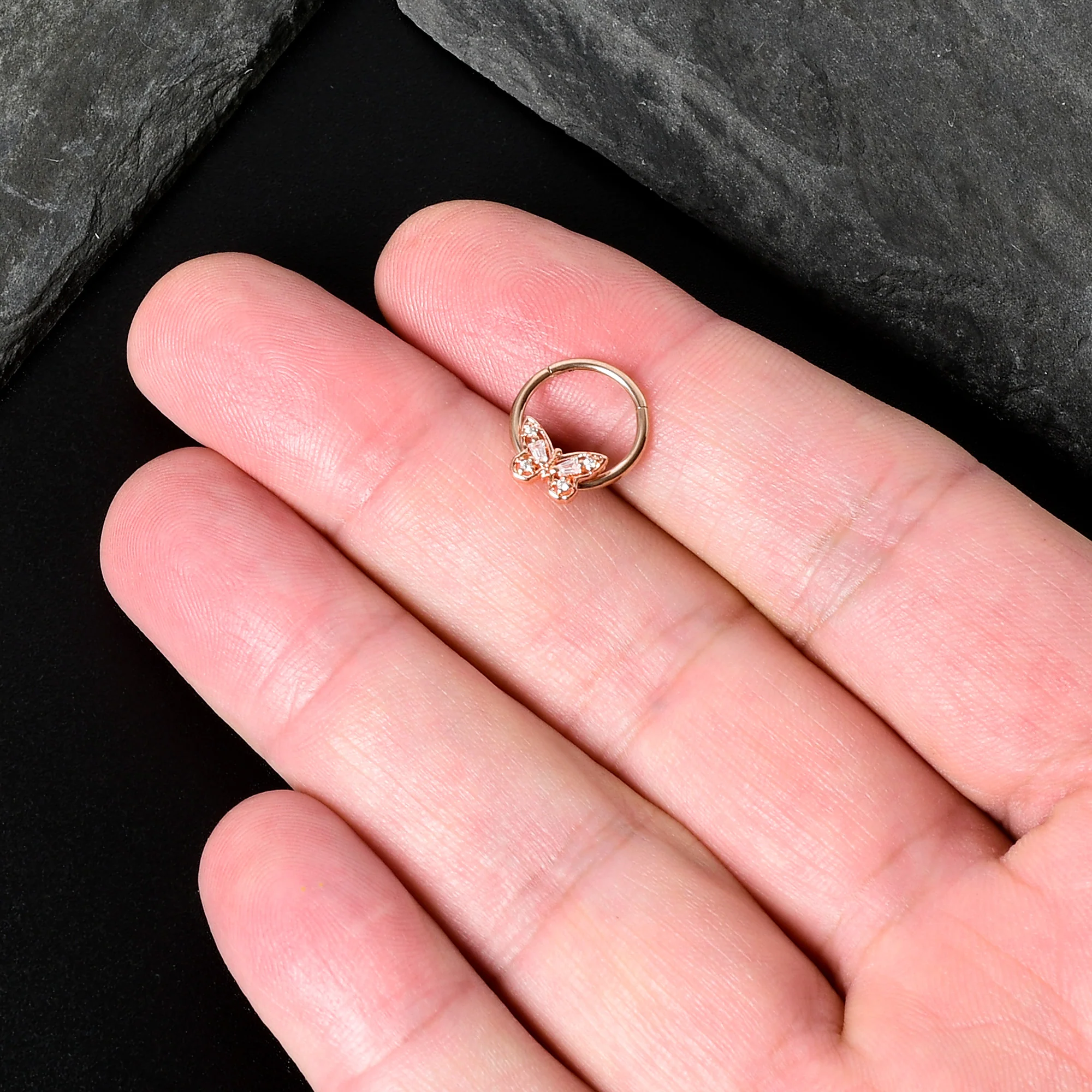 16G 3/8 Clear Gem Rosy Tone Baroque Butterfly Hinged Segment Ring - Image 8