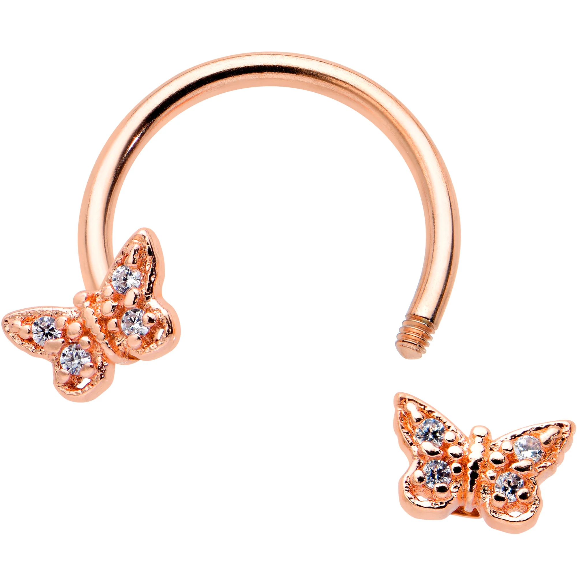 16G 3/8 Clear Gem Rosy Tone Butterfly Horseshoe Circular Barbell - Image 2