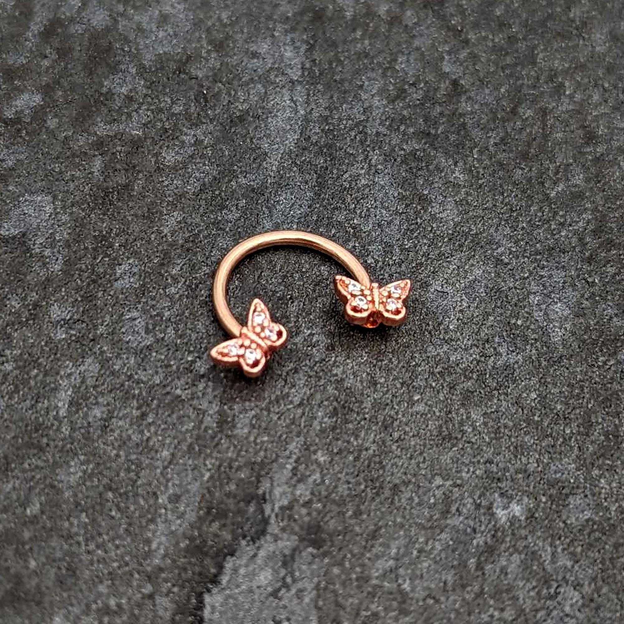 16G 3/8 Clear Gem Rosy Tone Butterfly Horseshoe Circular Barbell - Image 4