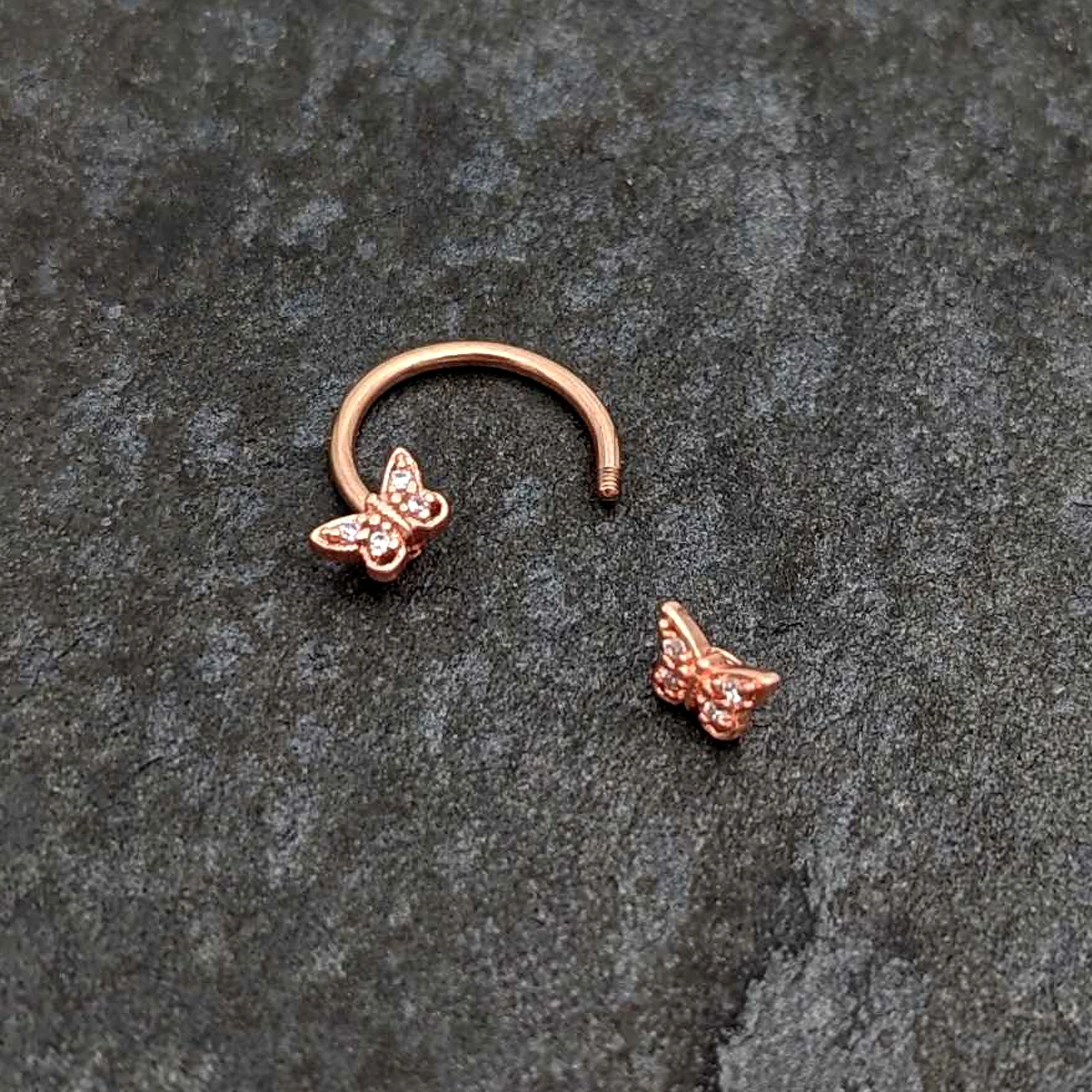 16G 3/8 Clear Gem Rosy Tone Butterfly Horseshoe Circular Barbell - Image 5