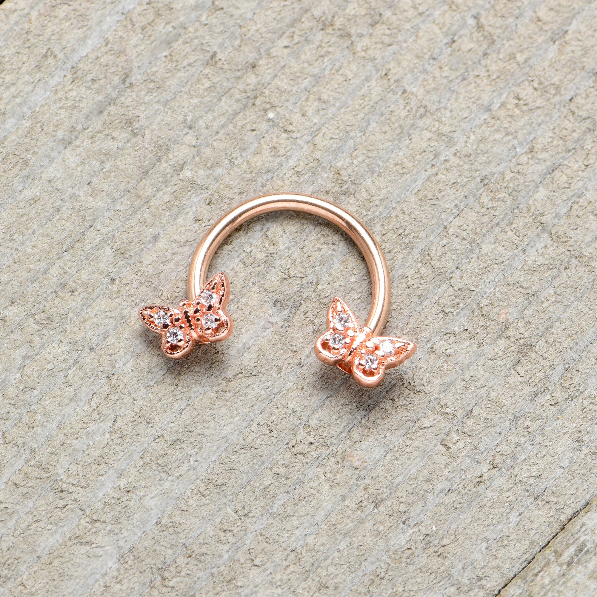 16G 3/8 Clear Gem Rosy Tone Butterfly Horseshoe Circular Barbell - Image 6
