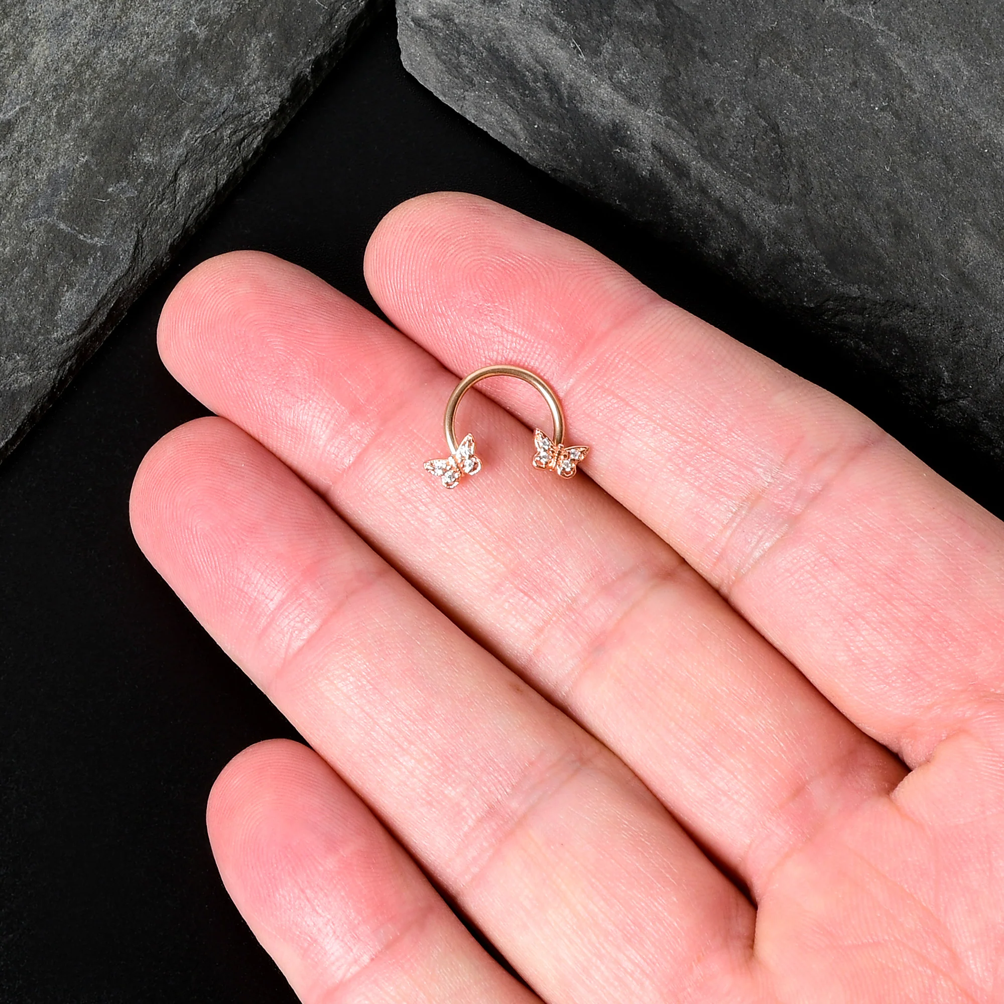 16G 3/8 Clear Gem Rosy Tone Butterfly Horseshoe Circular Barbell - Image 8