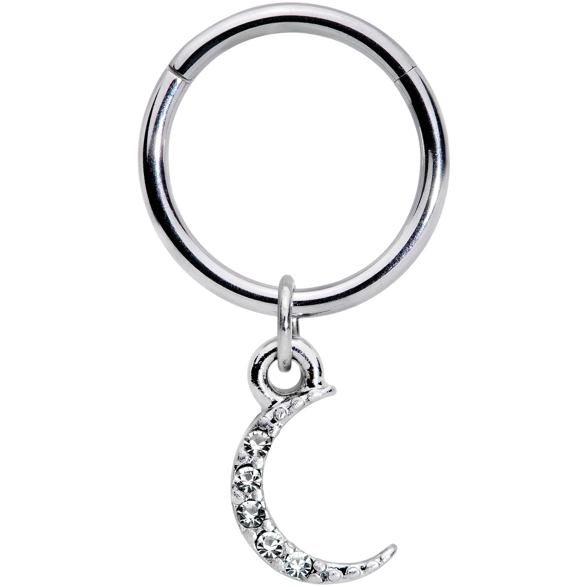 16G 3/8 Clear Gem Sliver of Moon Dangle Hinged Segment Ring