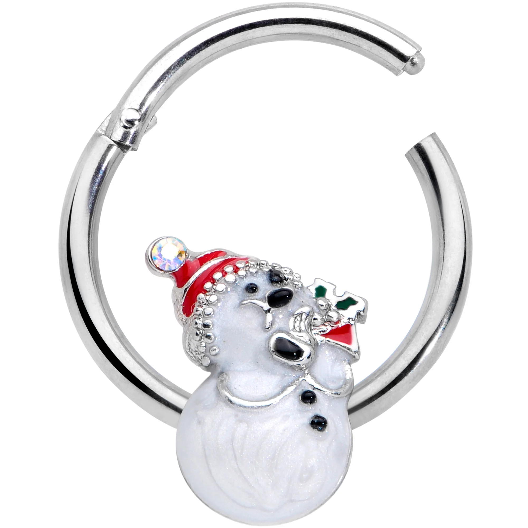 16G 3/8 Clear Gem Snowman Christmas Hinged Segment Ring - Image 2