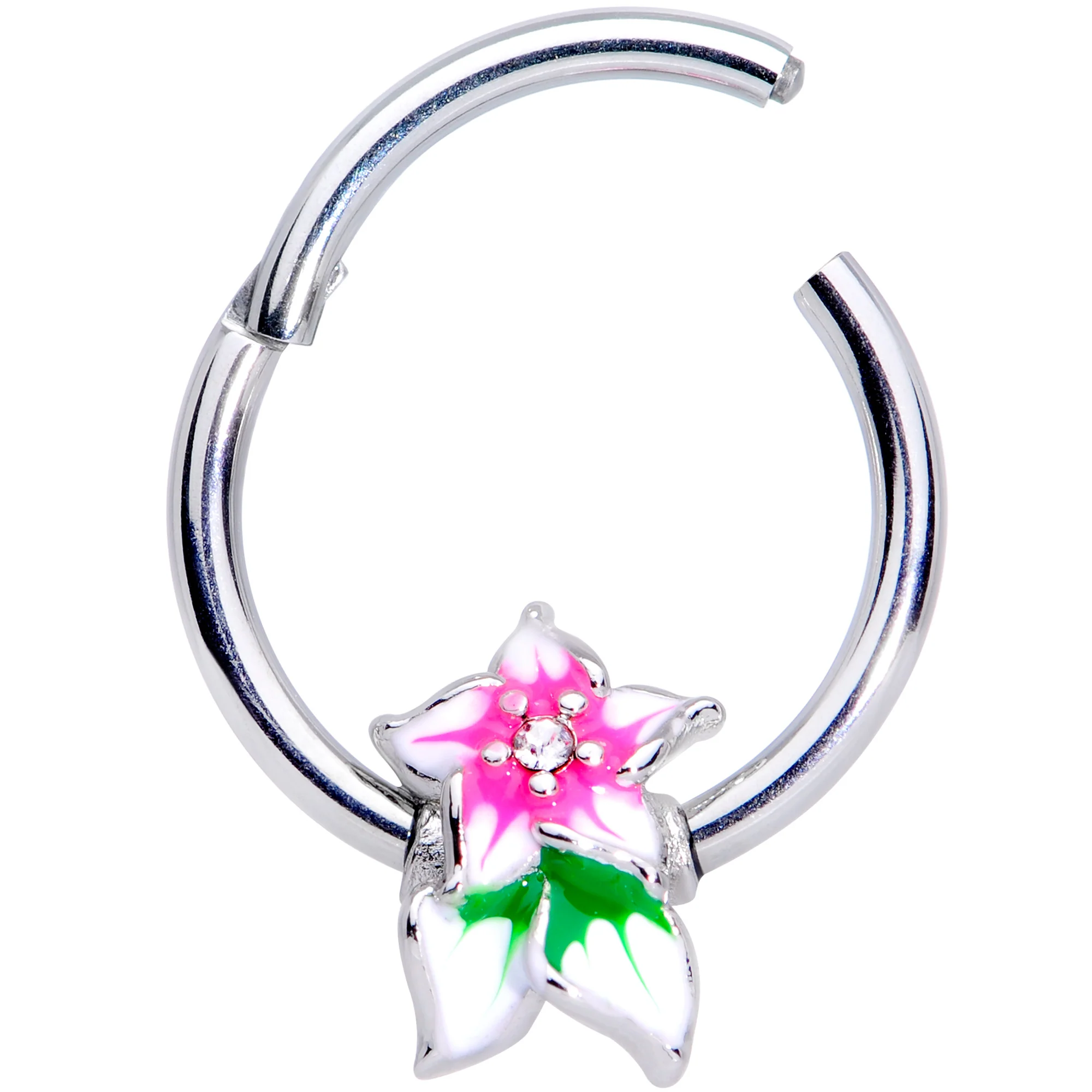 16G 3/8 Clear Gem Tropical Flower Hinged Septum Clicker - Image 2