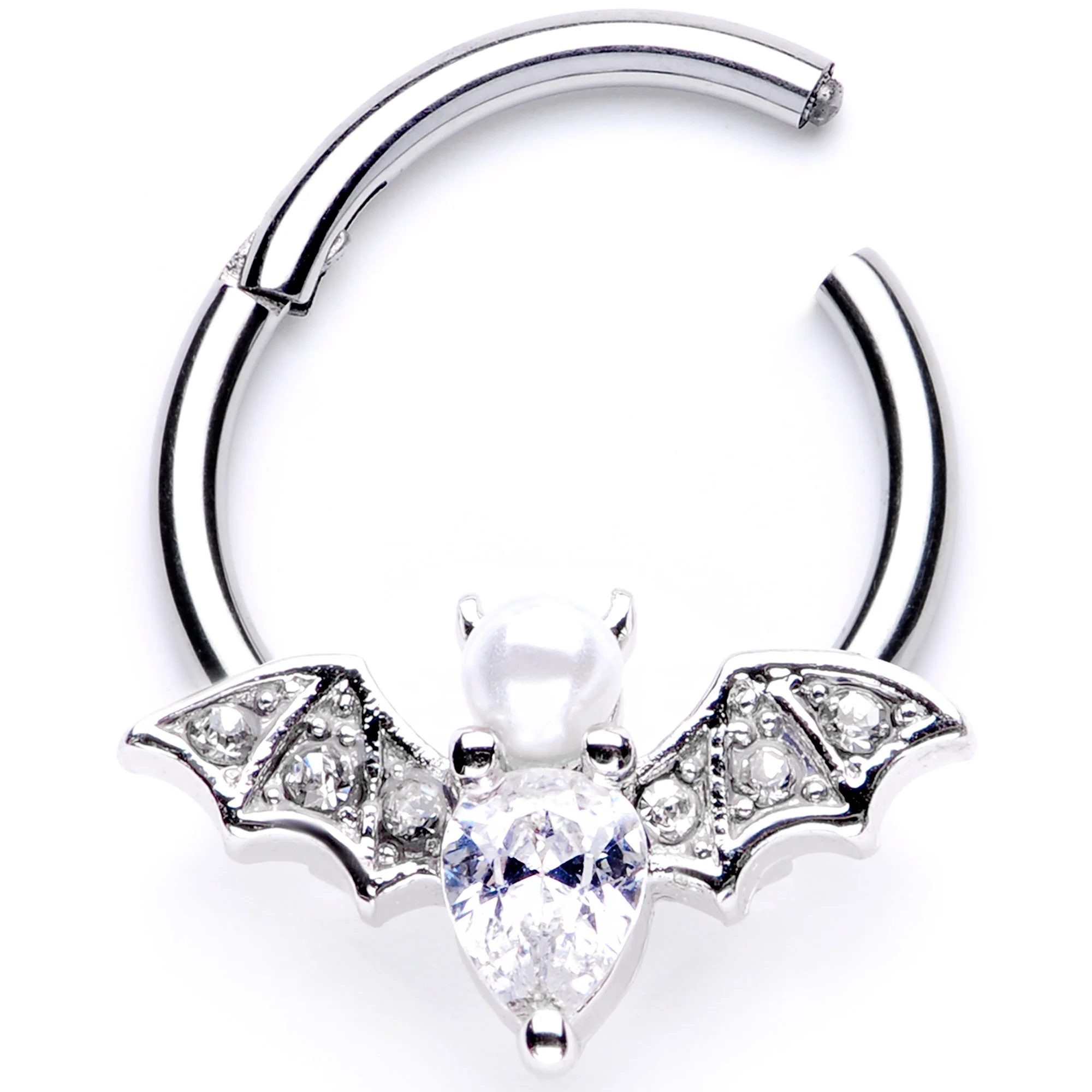 16G 3/8 Clear Gem Vampire Bat Halloween Hinged Segment Ring - Image 4