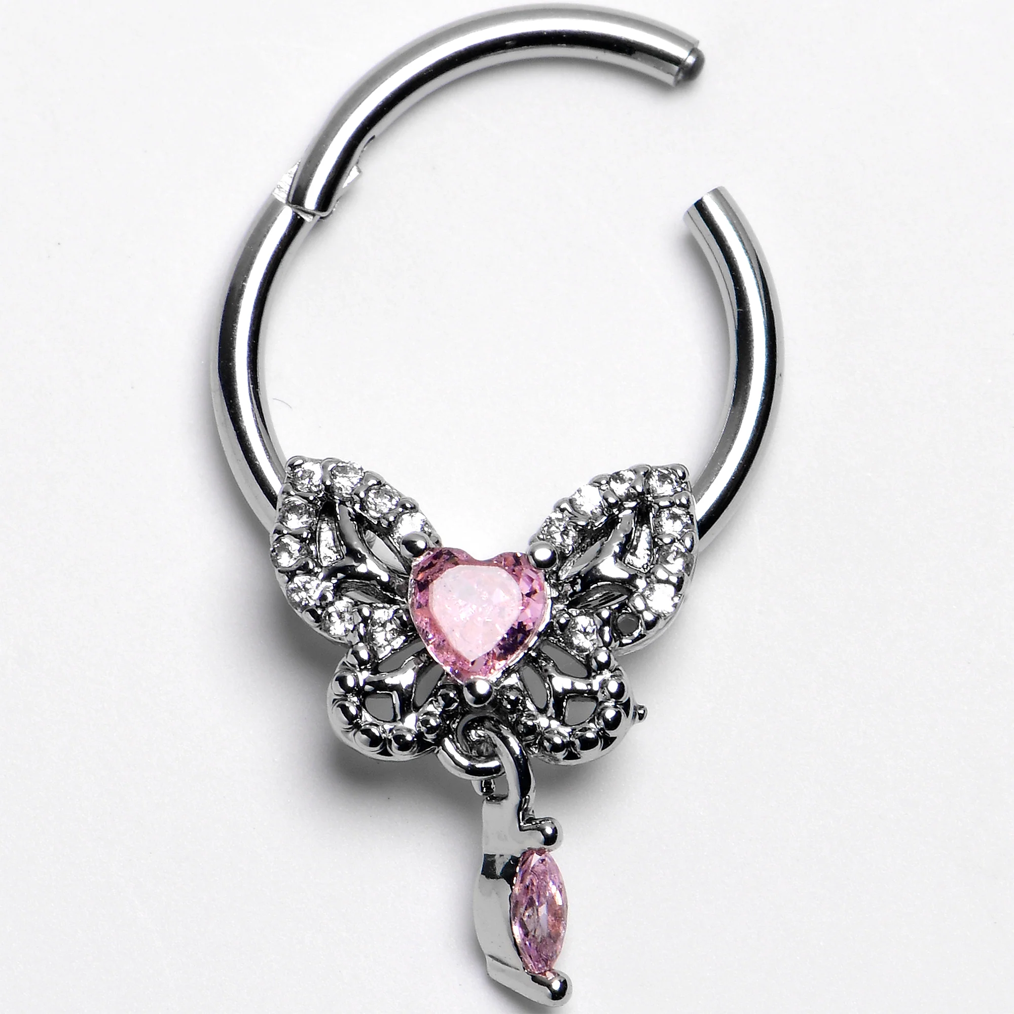 16G 3/8 Clear Gem Whimsical Butterfly Segment Ring with Dangle