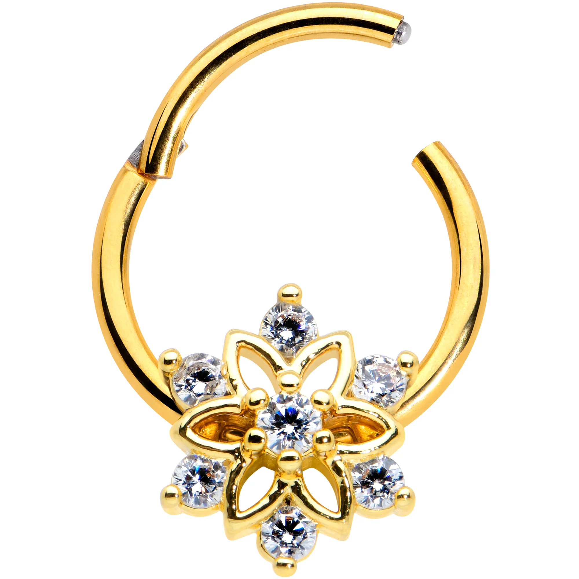 16G 3/8 Clear Gold Tone Flower Snowflake Christmas Hinged Segment Ring - Image 2