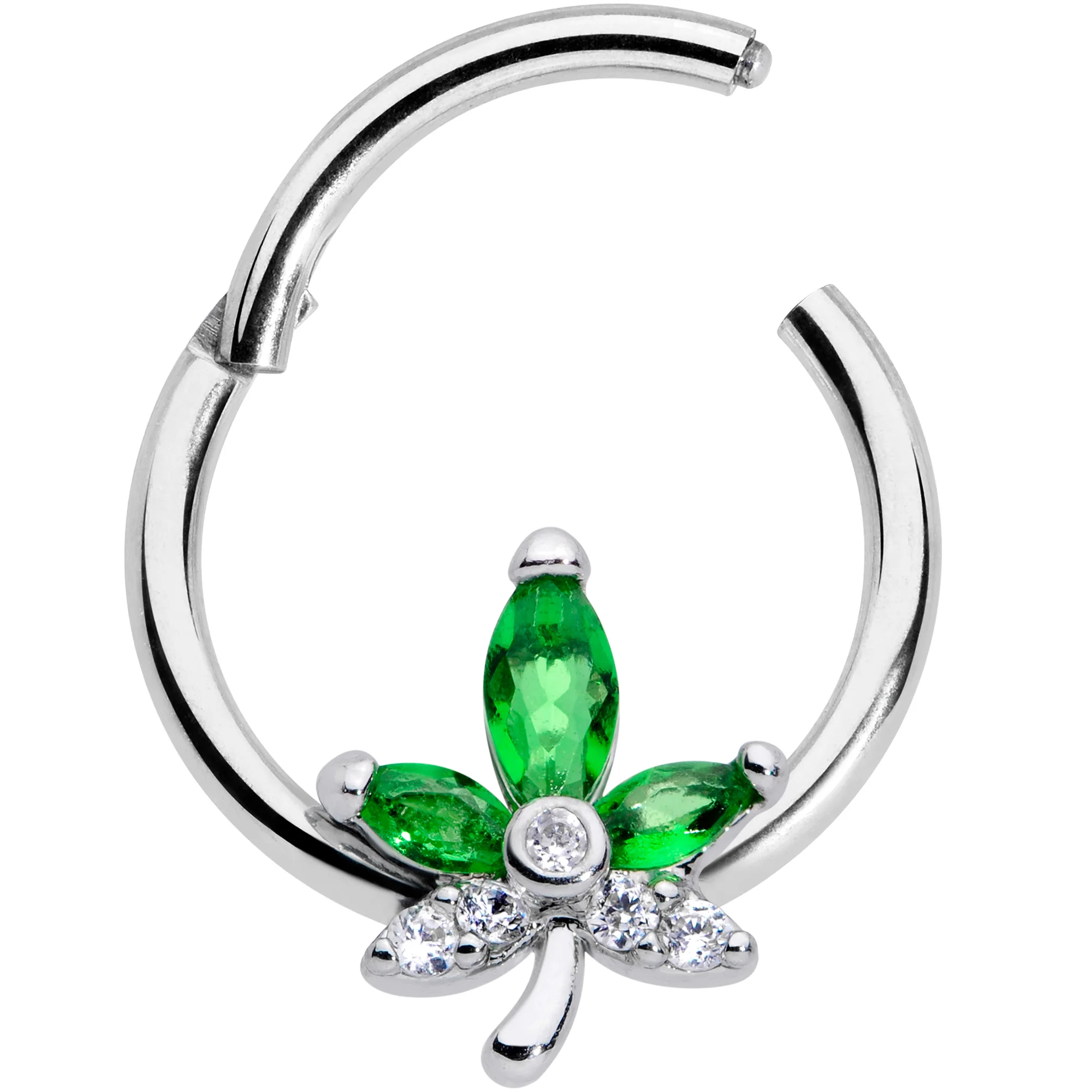 16G 3/8 Clear Green Gem Pot Leaf Hinged Segment Ring - Image 2
