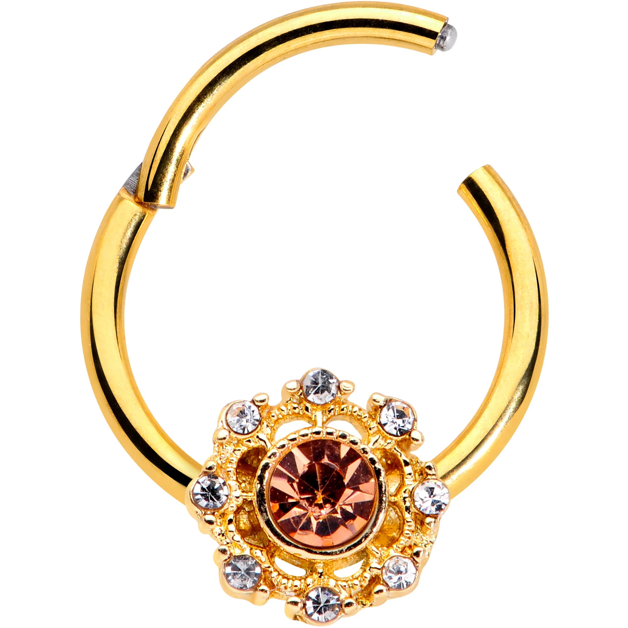 16G 3/8 Clear Pink CZ Gem Gold Tone Sunburst Hinged Segment Ring - Image 2