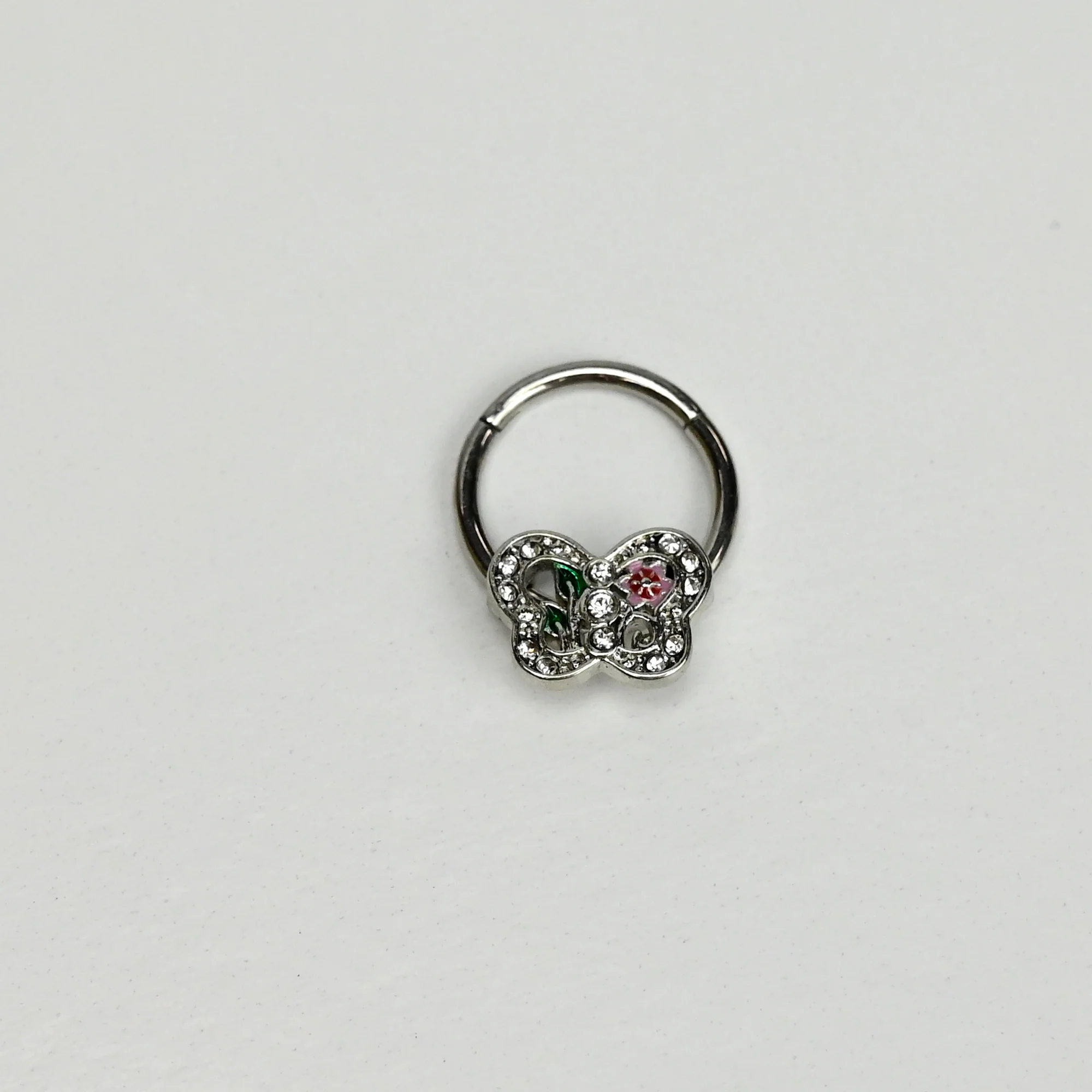16G 3/8 Clear Pink Gem Floral Butterfly Style Hinged Segment Ring
