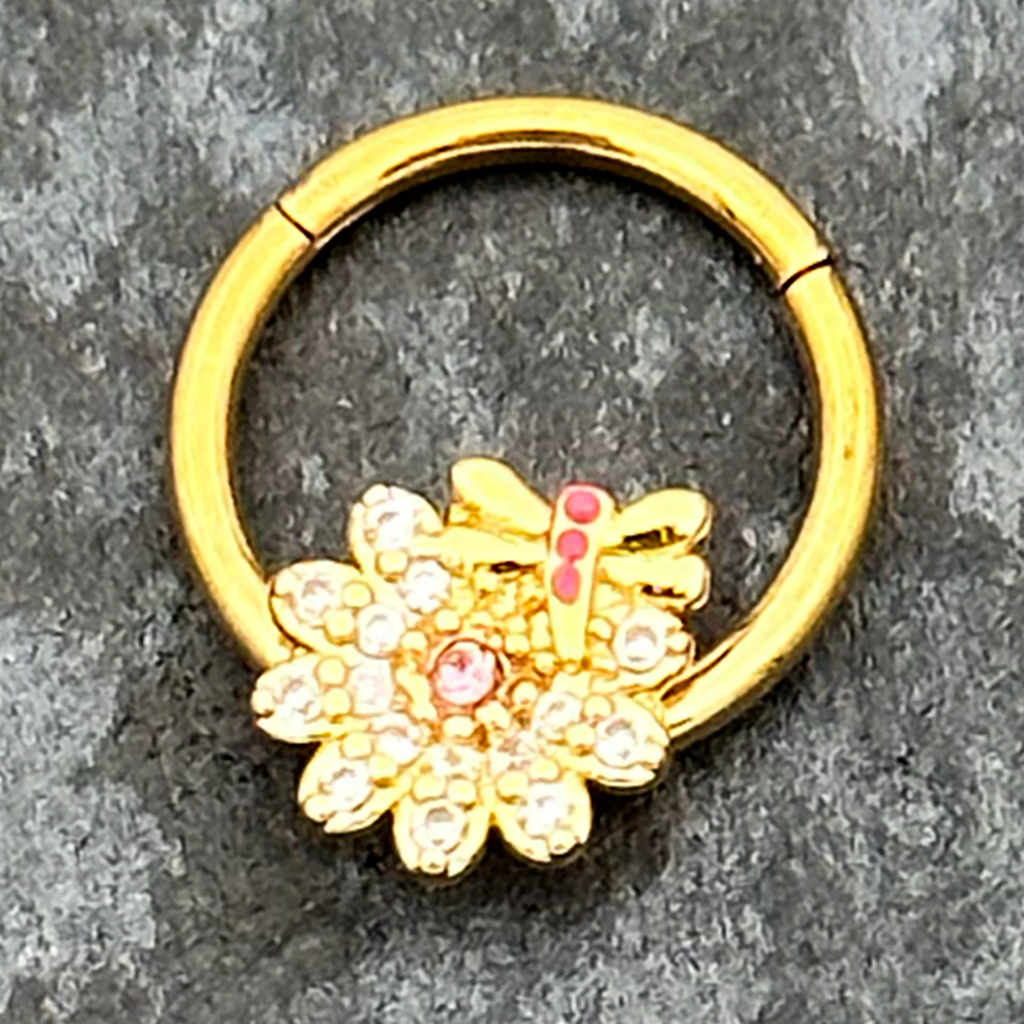 16G 3/8 Clear Pink Gem Gold Tone Flower Bug Hinged Segment Ring