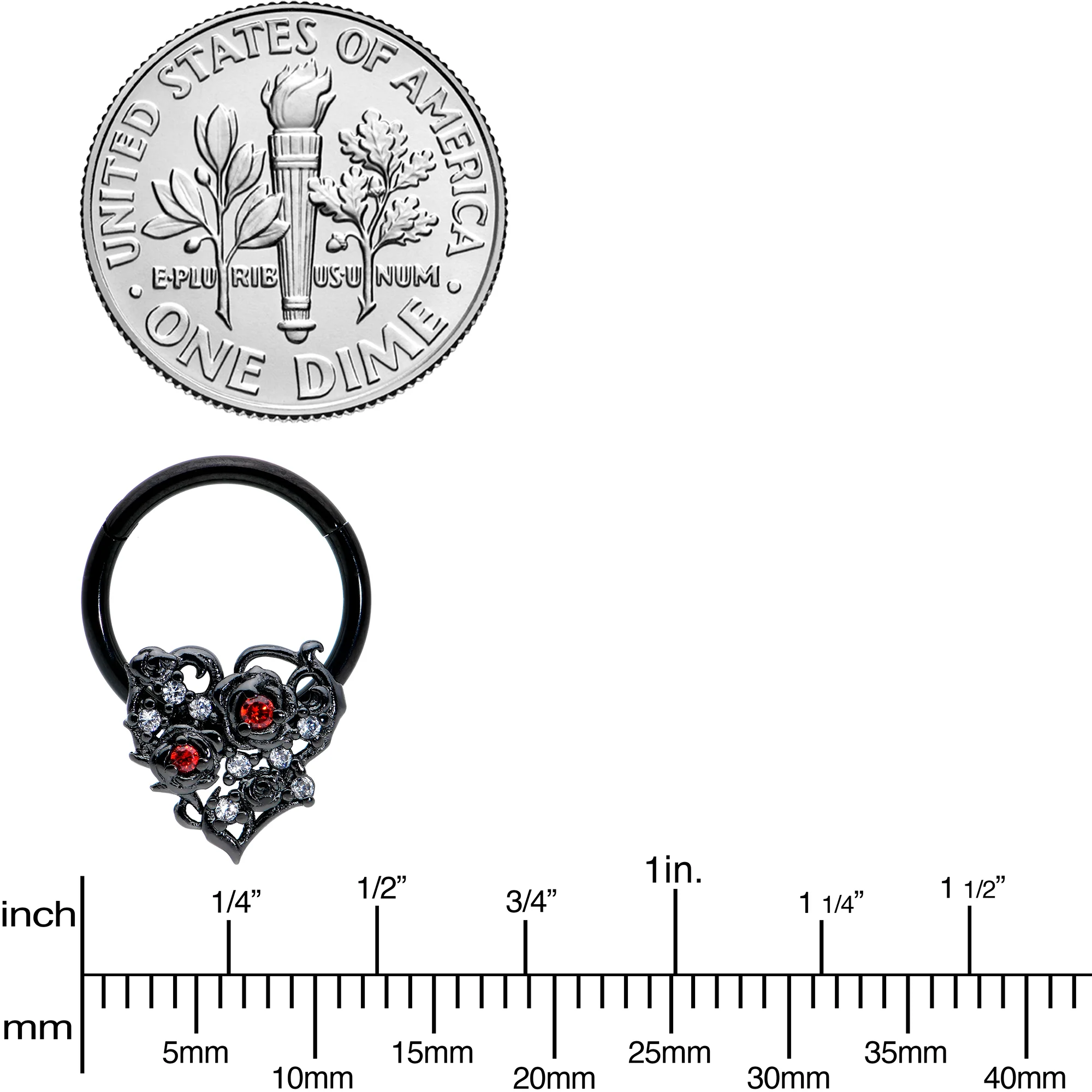 16G 3/8 Clear Red CZ Gem Black Heart Floral Hinged Segment Ring - Image 3
