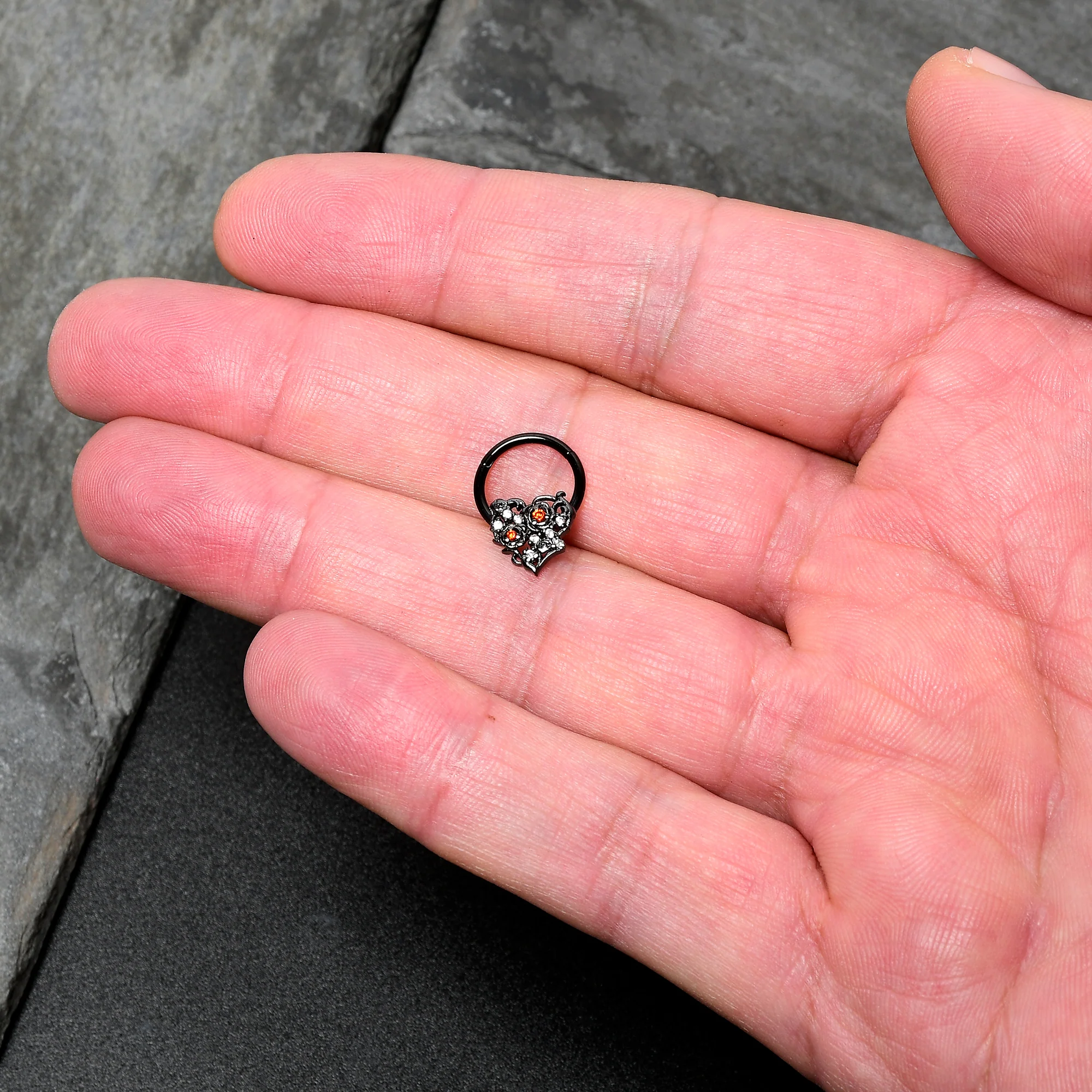 16G 3/8 Clear Red CZ Gem Black Heart Floral Hinged Segment Ring - Image 4