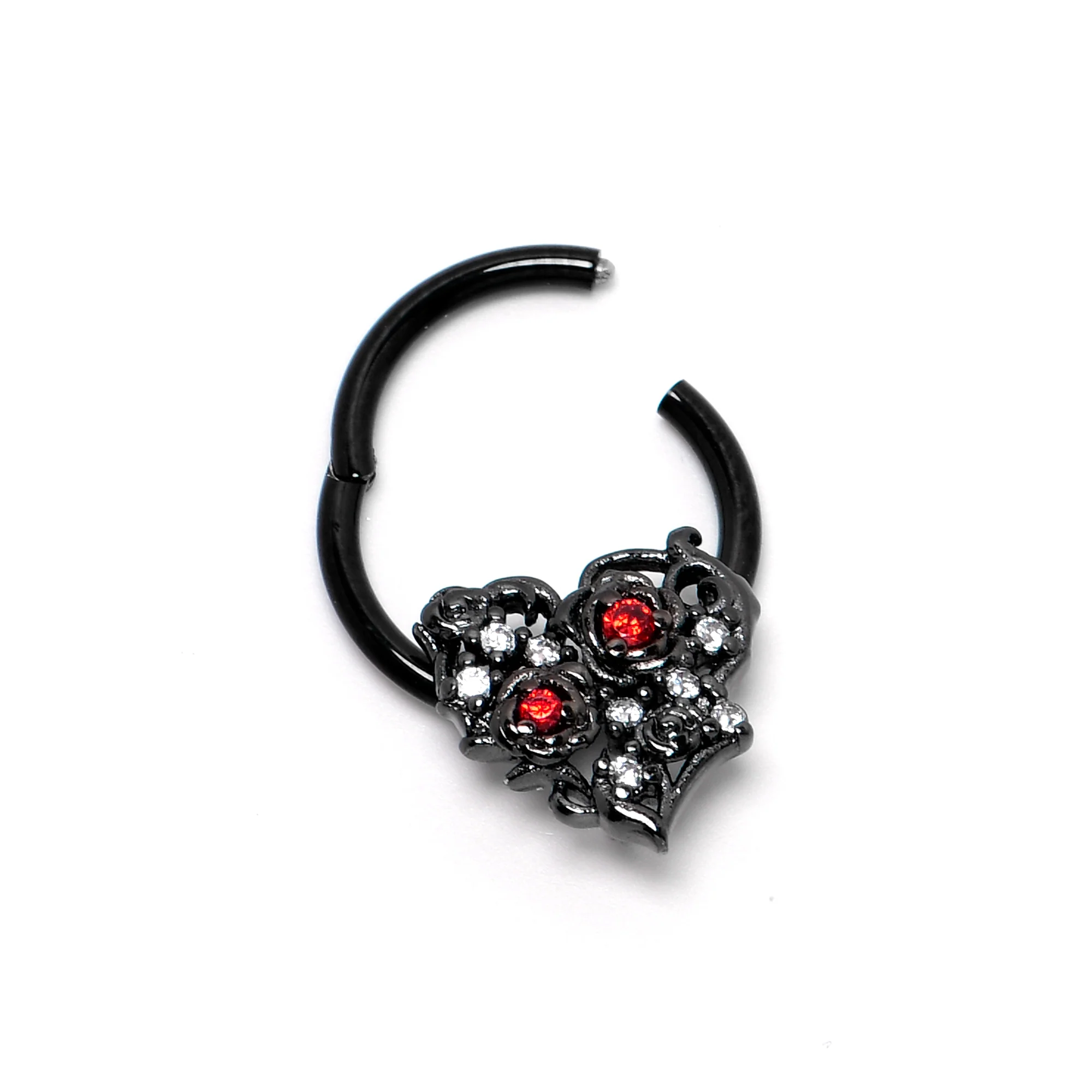 16G 3/8 Clear Red CZ Gem Black Heart Floral Hinged Segment Ring - Image 7
