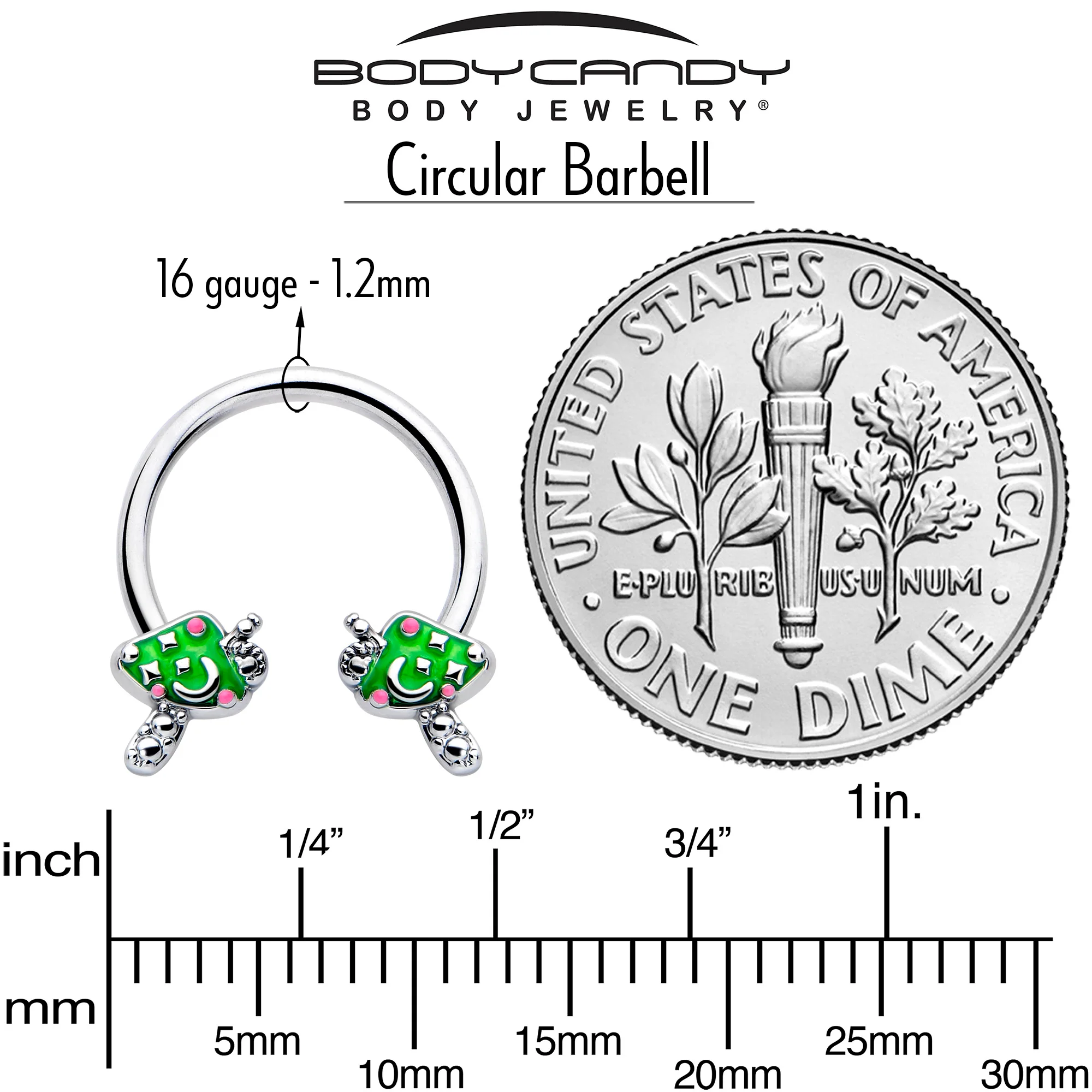 16G 3/8 Fanciful Green Mushrooms Horseshoe Circular Barbell - Image 4