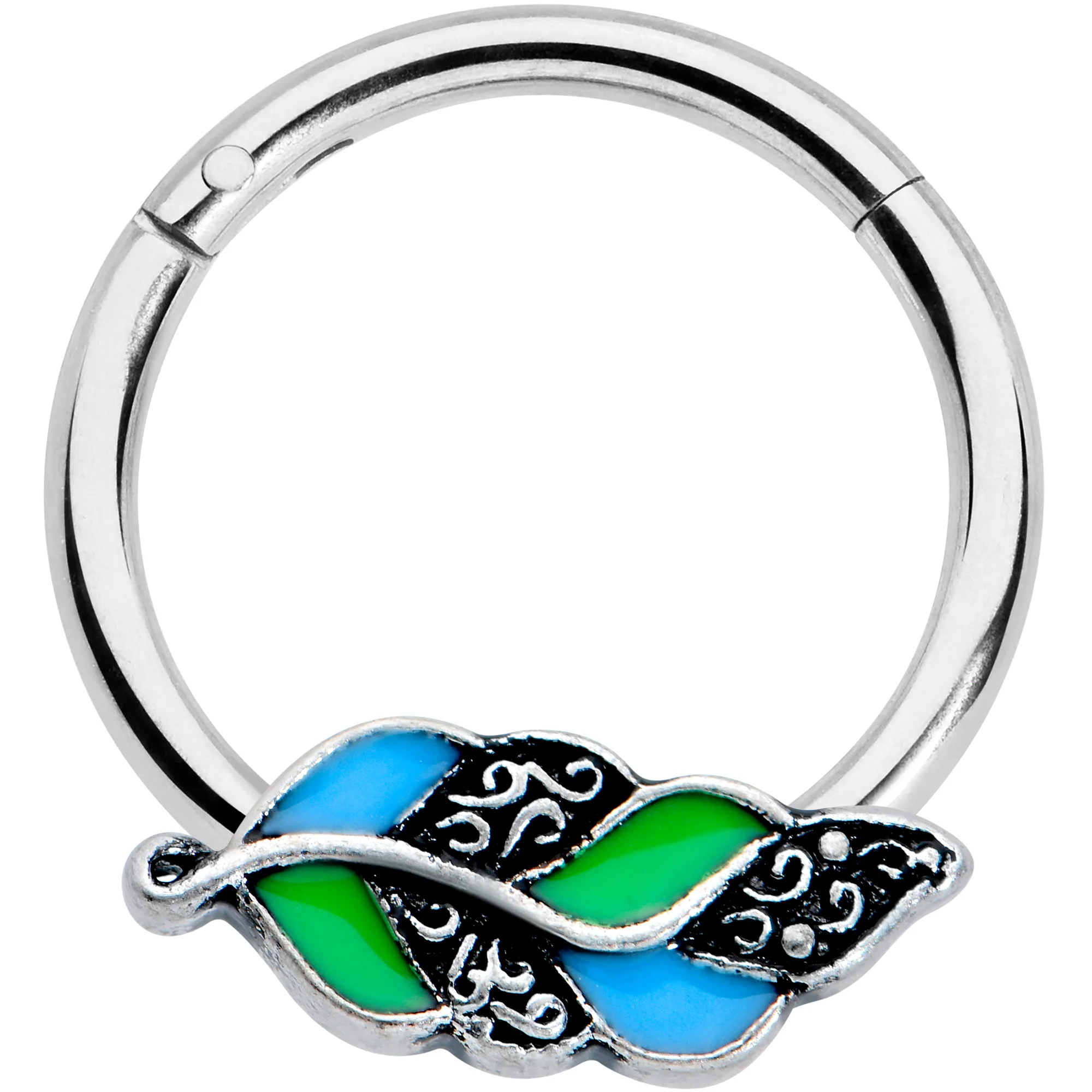 16G 3/8 Filigree Blue Green Leaves Hinged Segment Ring