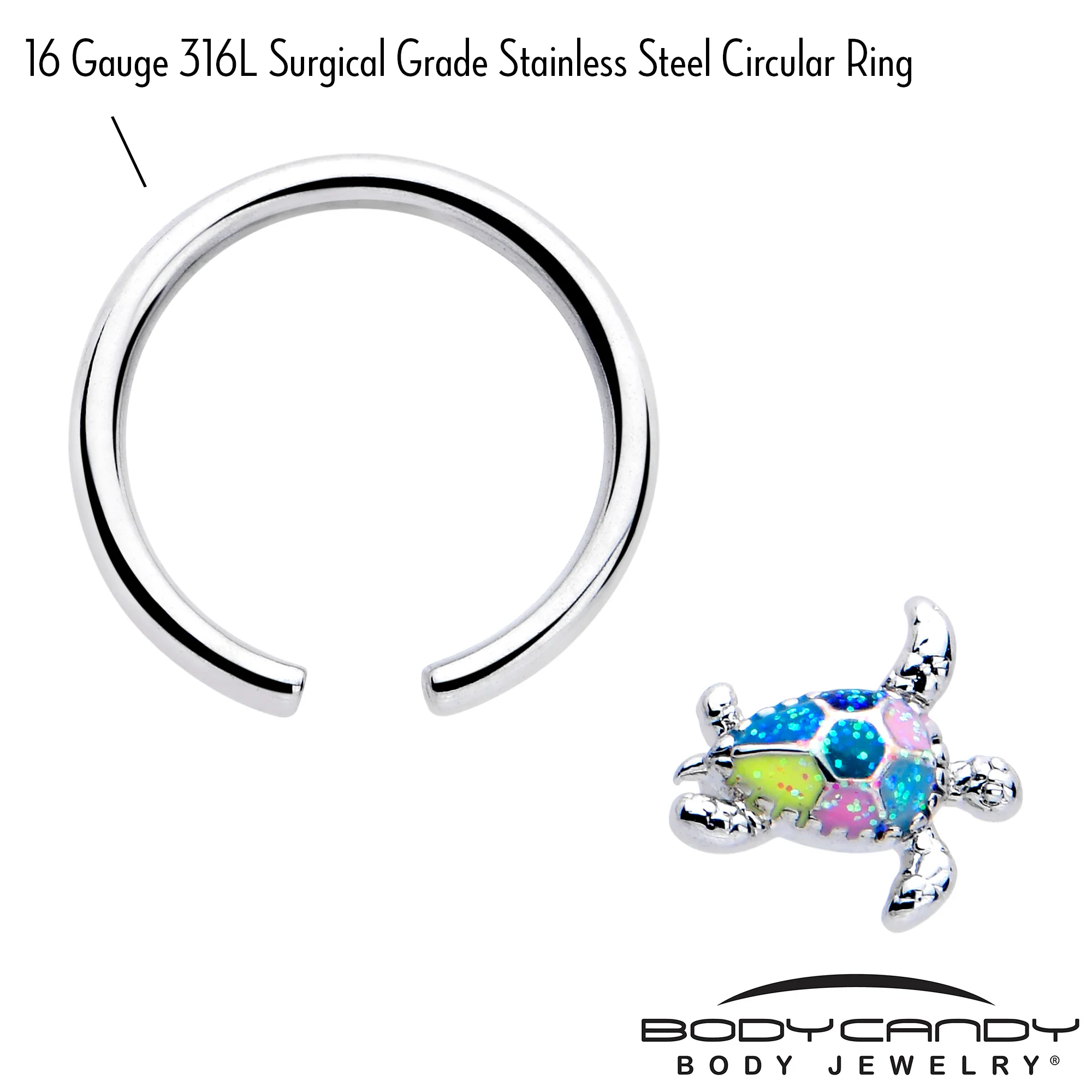 16G 3/8 Glitter Turtle BCR Captive Ring - Image 3