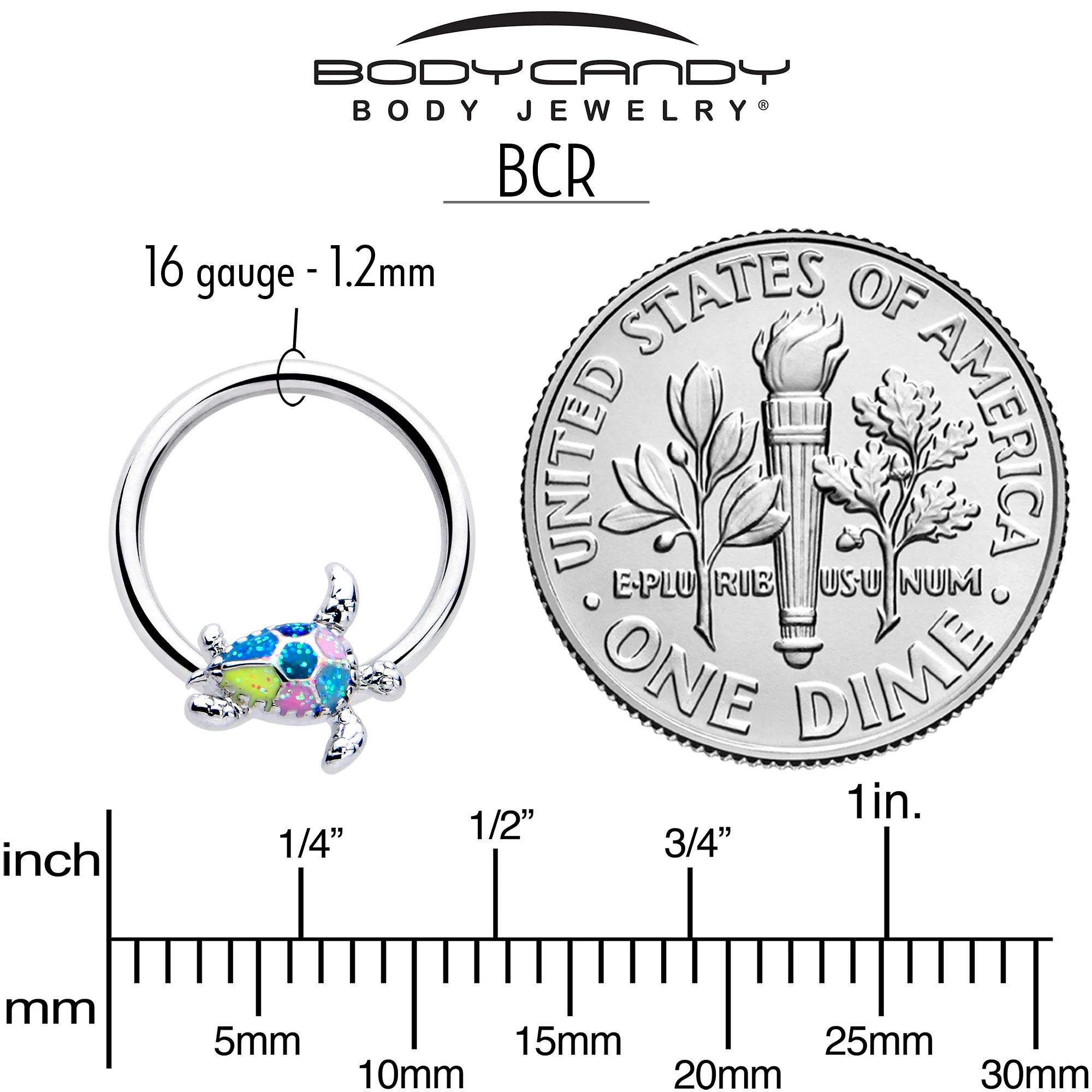 16G 3/8 Glitter Turtle BCR Captive Ring - Image 4