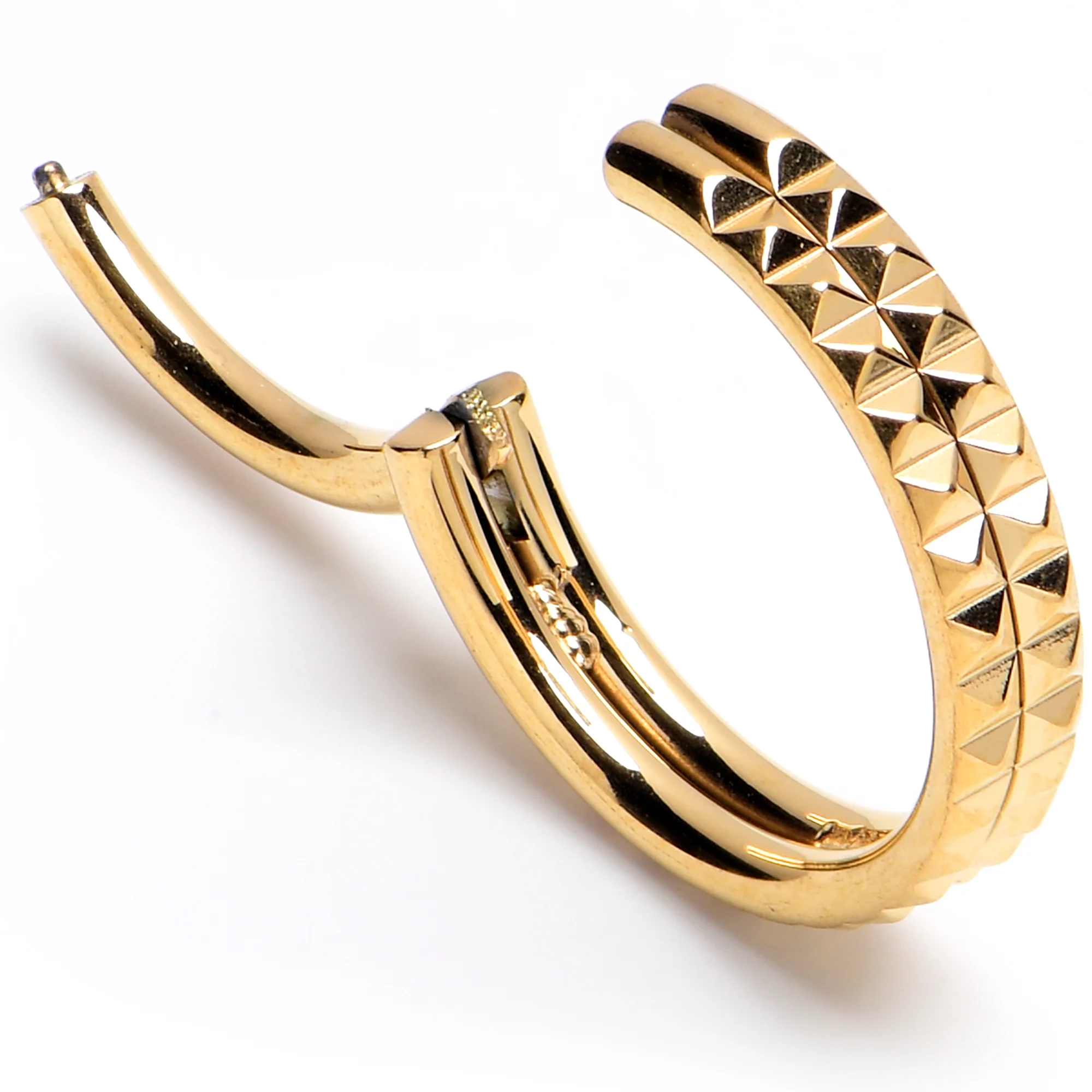 16G 3/8 Gold PVD Pyramid Cut Double Hoop 316L Surgical Steel Hinged Segment Ring - Image 2
