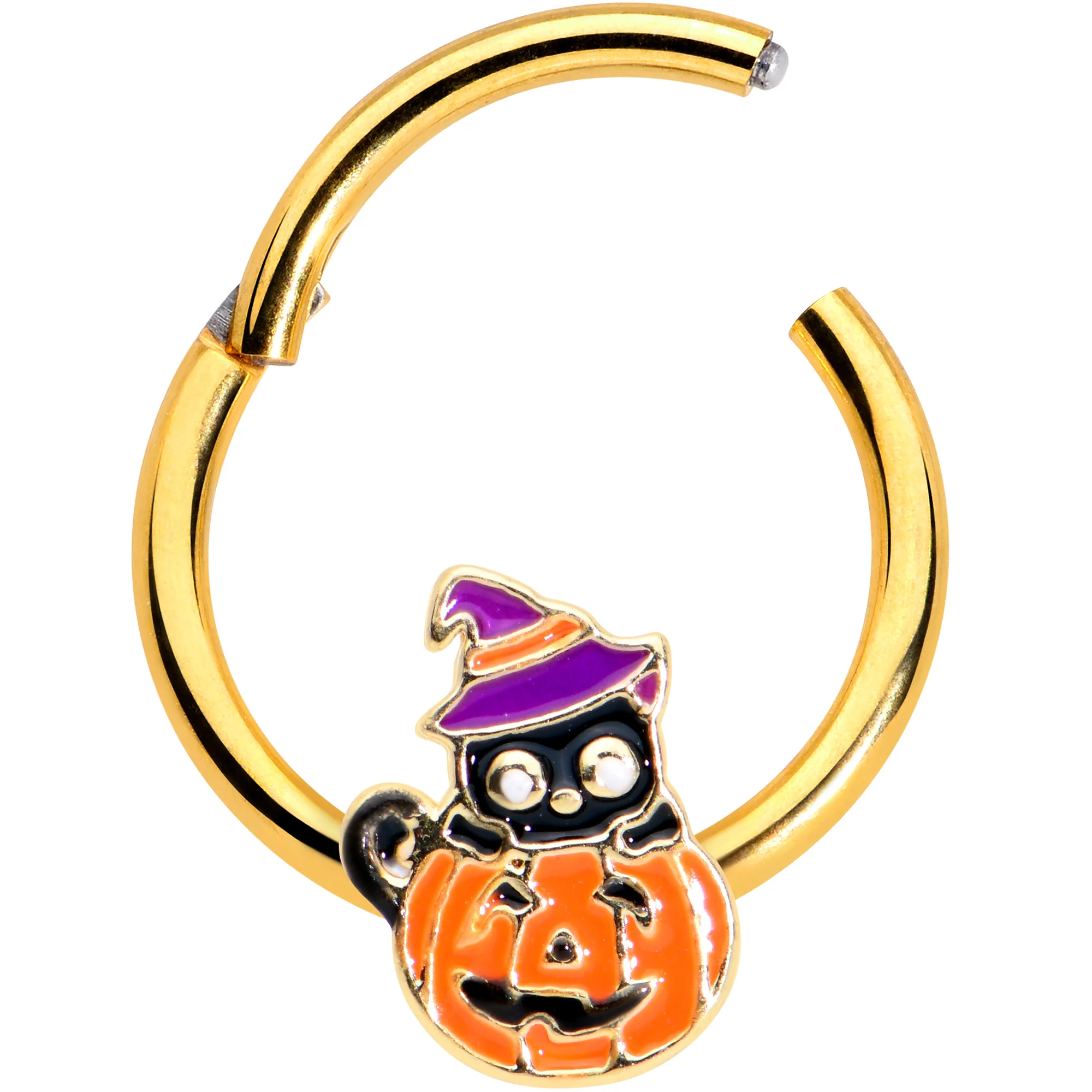 16G 3/8 Gold Tone Black Cat Witch Pumpkin Hinged Segment Ring - Image 2