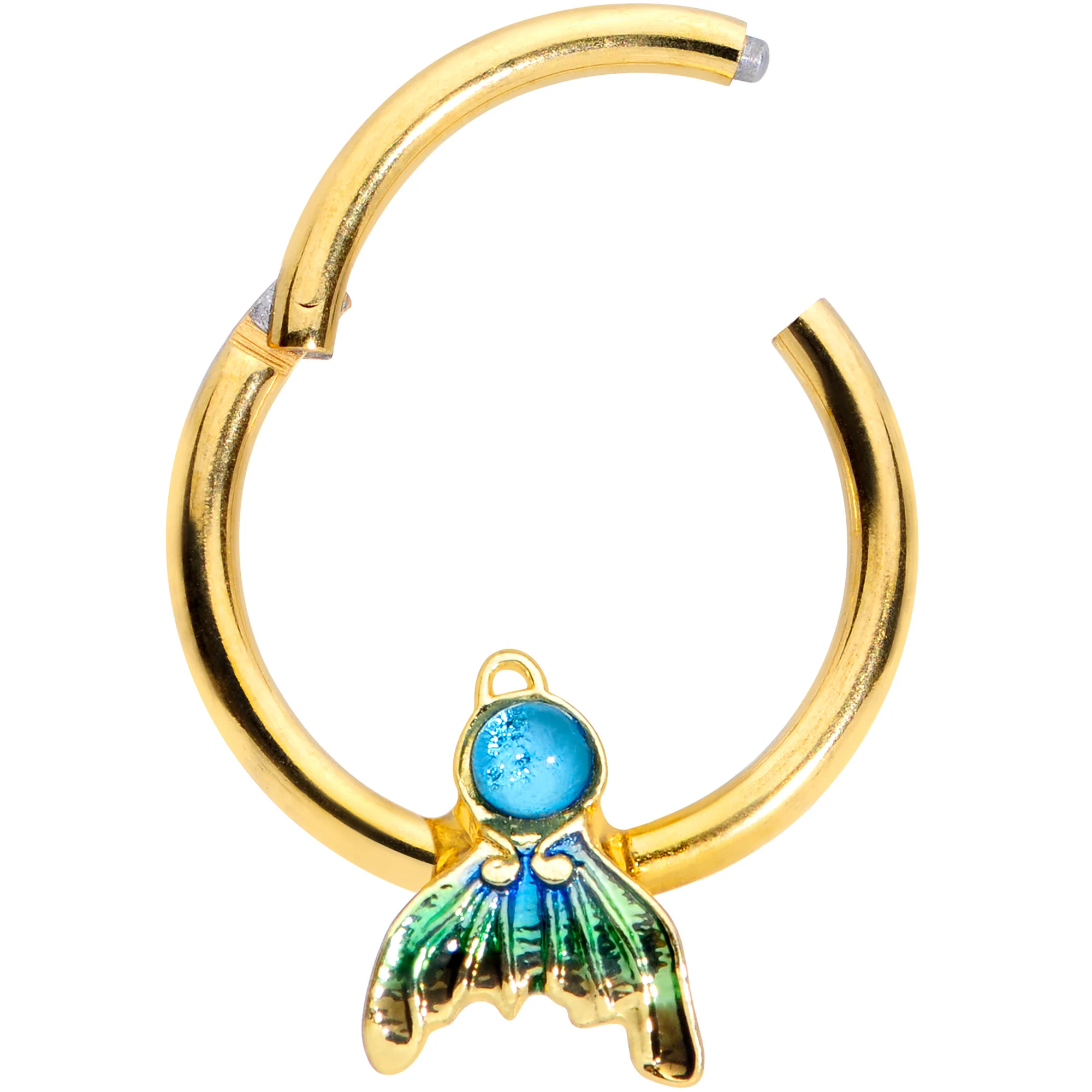 16G 3/8 Gold Tone Blue Green Mermaid Tail Hinged Segment Ring - Image 2