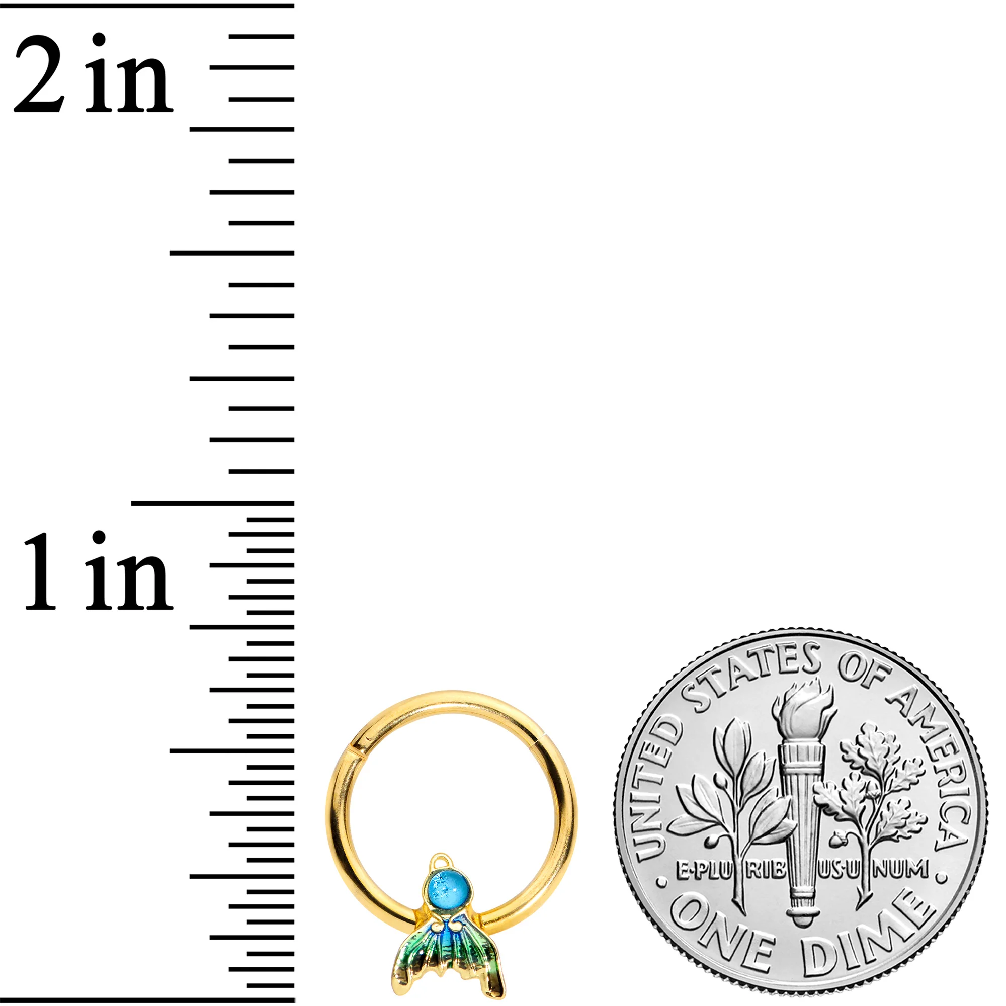 16G 3/8 Gold Tone Blue Green Mermaid Tail Hinged Segment Ring - Image 3