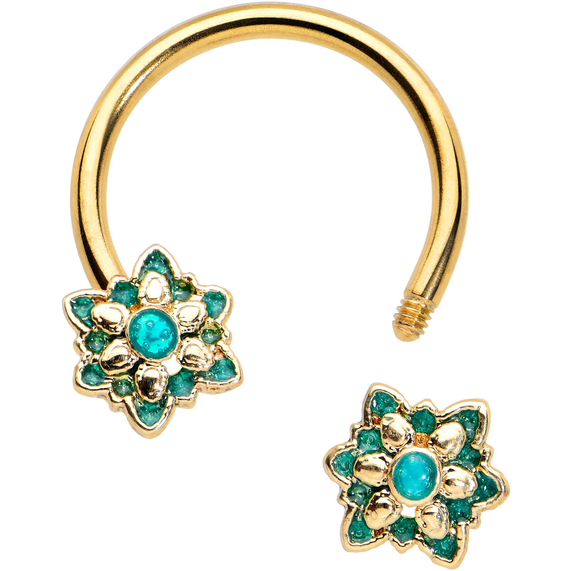 16G 3/8 Gold Tone Blue Orb Snowflake End Horseshoe Curved Barbell - Image 2
