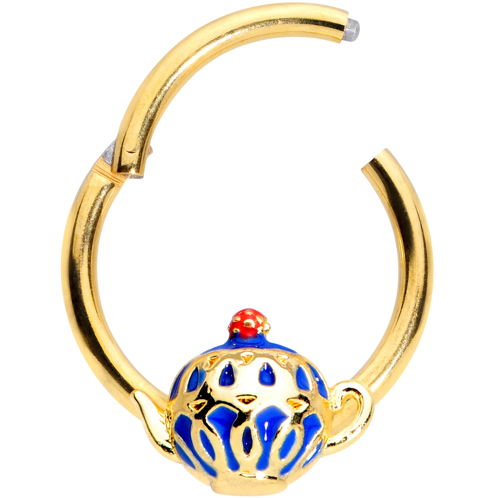 16G 3/8 Gold Tone Blue Teapot Hinged Segment Ring - Image 2
