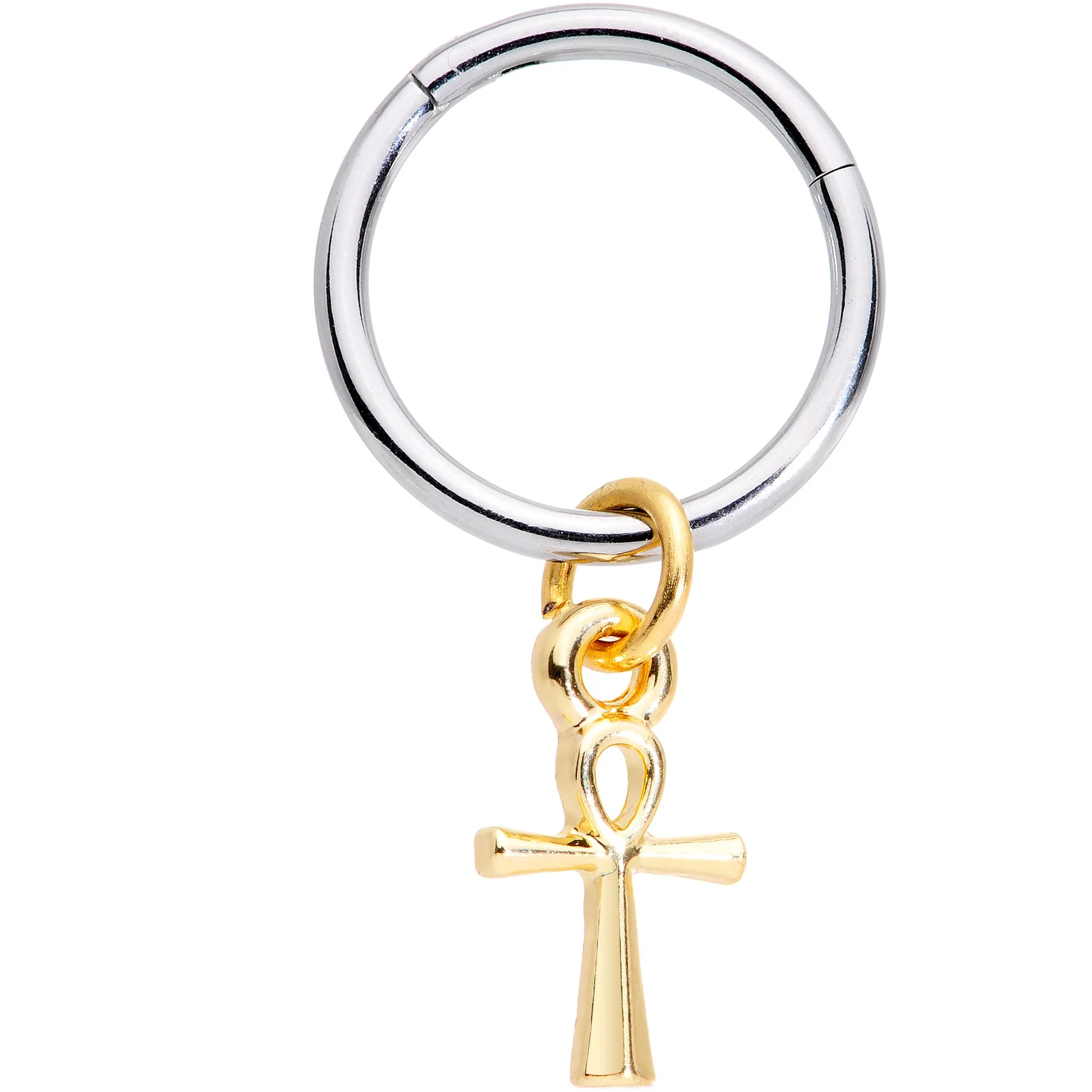 16G 3/8 Gold Tone Egyptian Ankh Hinged Dangle Segment Ring