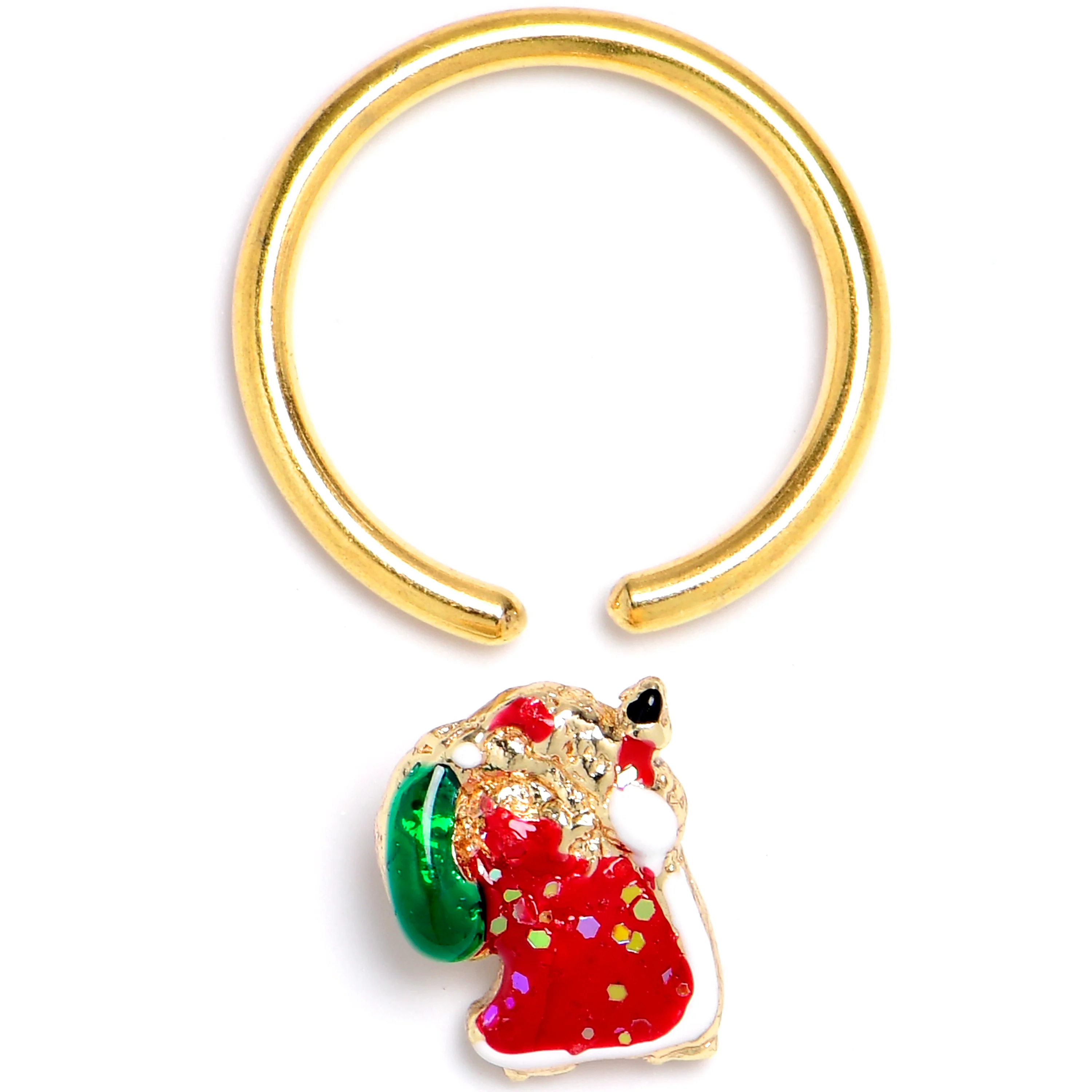 16G 3/8 Gold Tone Glitter Santa Red Christmas BCR Captive Ring - Image 2